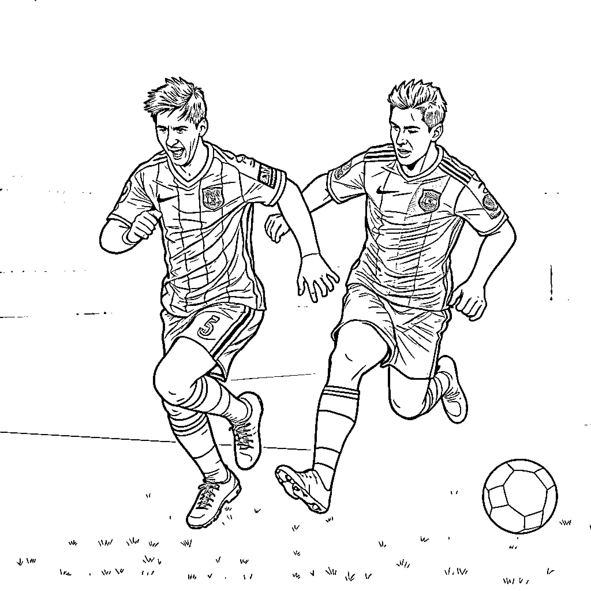 Messi and teammate playing soccer on the field Coloring Page (free black-and-white line drawing printable PDF for all, from beginners to advanced learners, including children, teens, adults, and seniors)