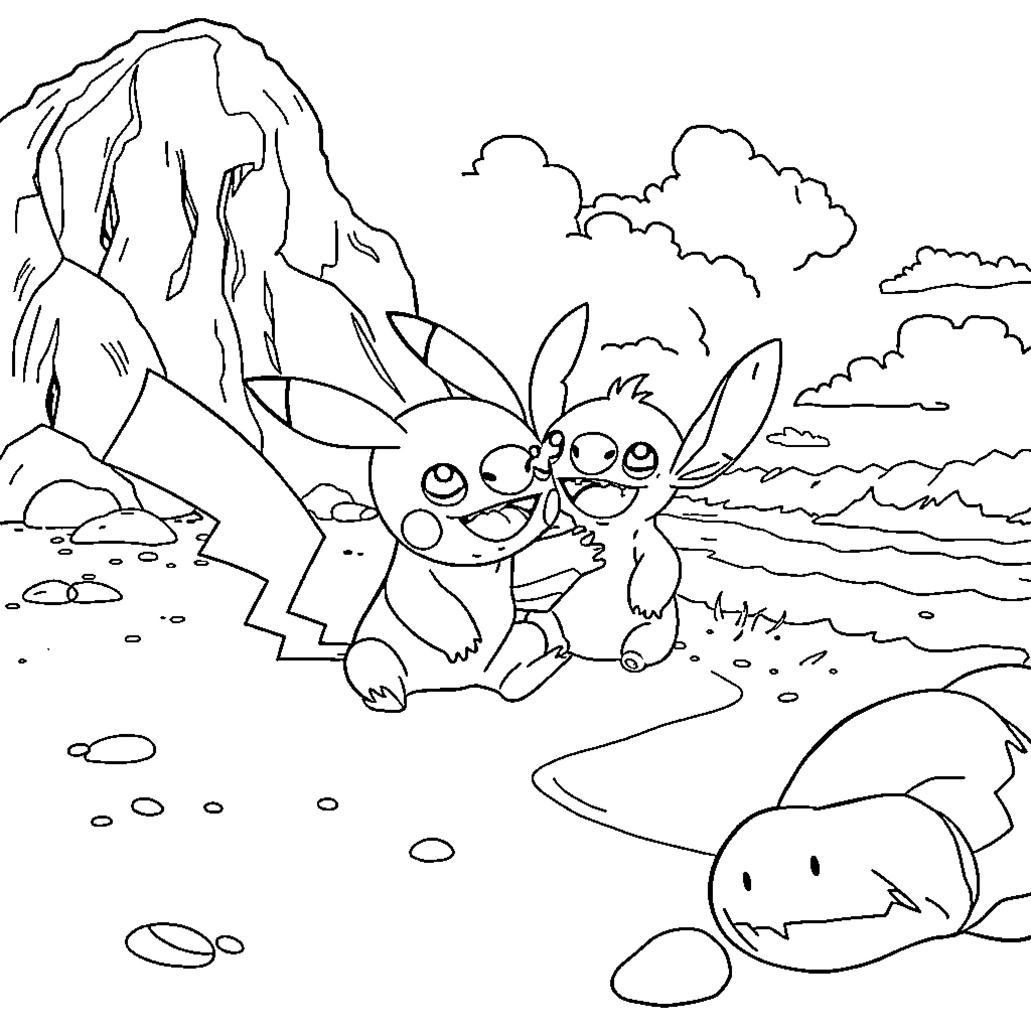 Pikachu and Eevee enjoying a day at the beach Coloring Page (free black-and-white line drawing printable PDF for all, from beginners to advanced learners, including children, teens, adults, and seniors)