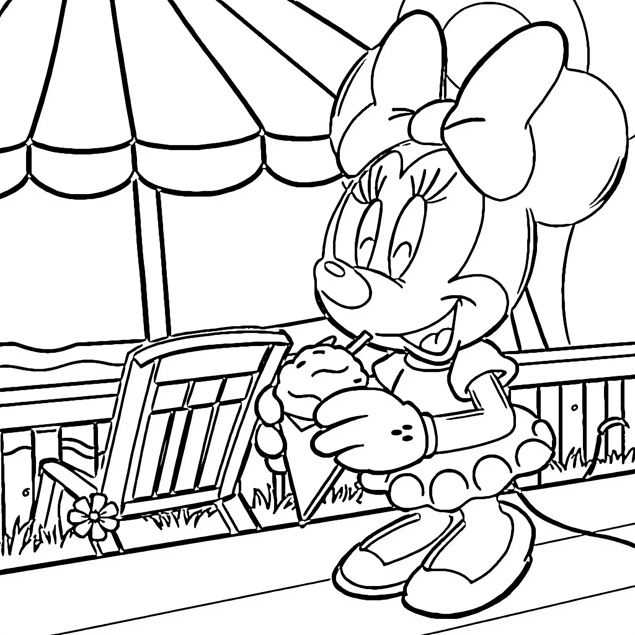 Minnie relaxing in the sun on her patio Coloring Page (free black-and-white line drawing printable PDF for all, from beginners to advanced learners, including children, teens, adults, and seniors)