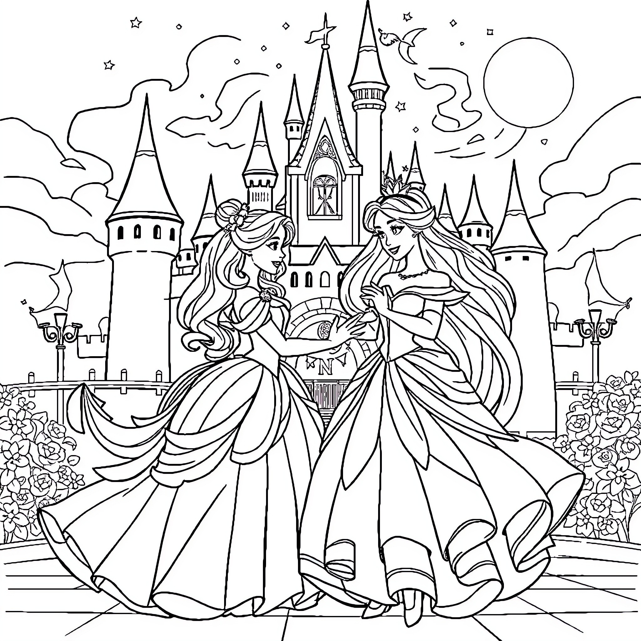 Disney Princess Ball in the Enchanted Castle Coloring Page (free black-and-white line drawing printable PDF for all, from beginners to advanced learners, including children, teens, adults, and seniors)