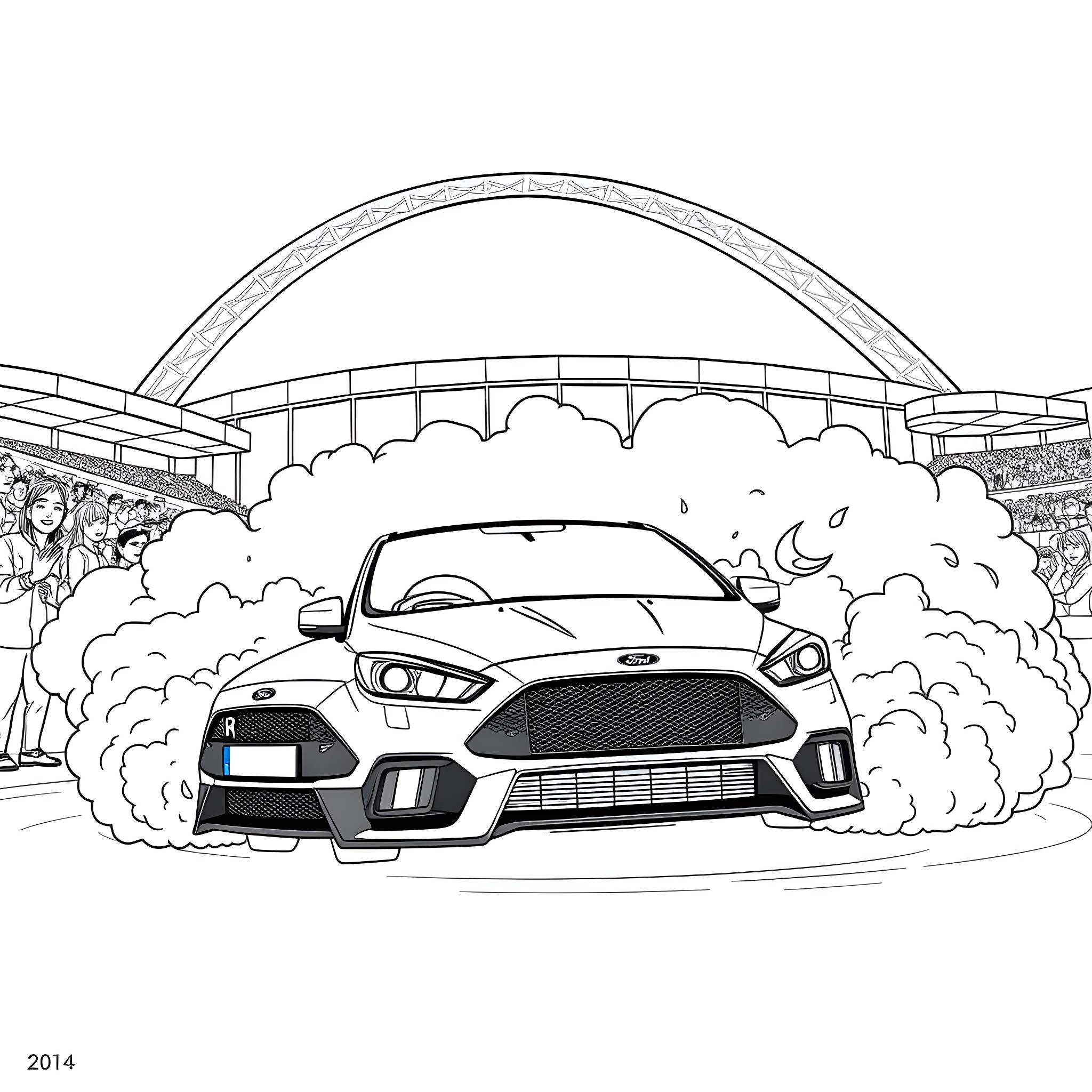 Ford Muscle Car on Display with Spectators Coloring Page (free black-and-white line drawing printable PDF for all, from beginners to advanced learners, including children, teens, adults, and seniors)