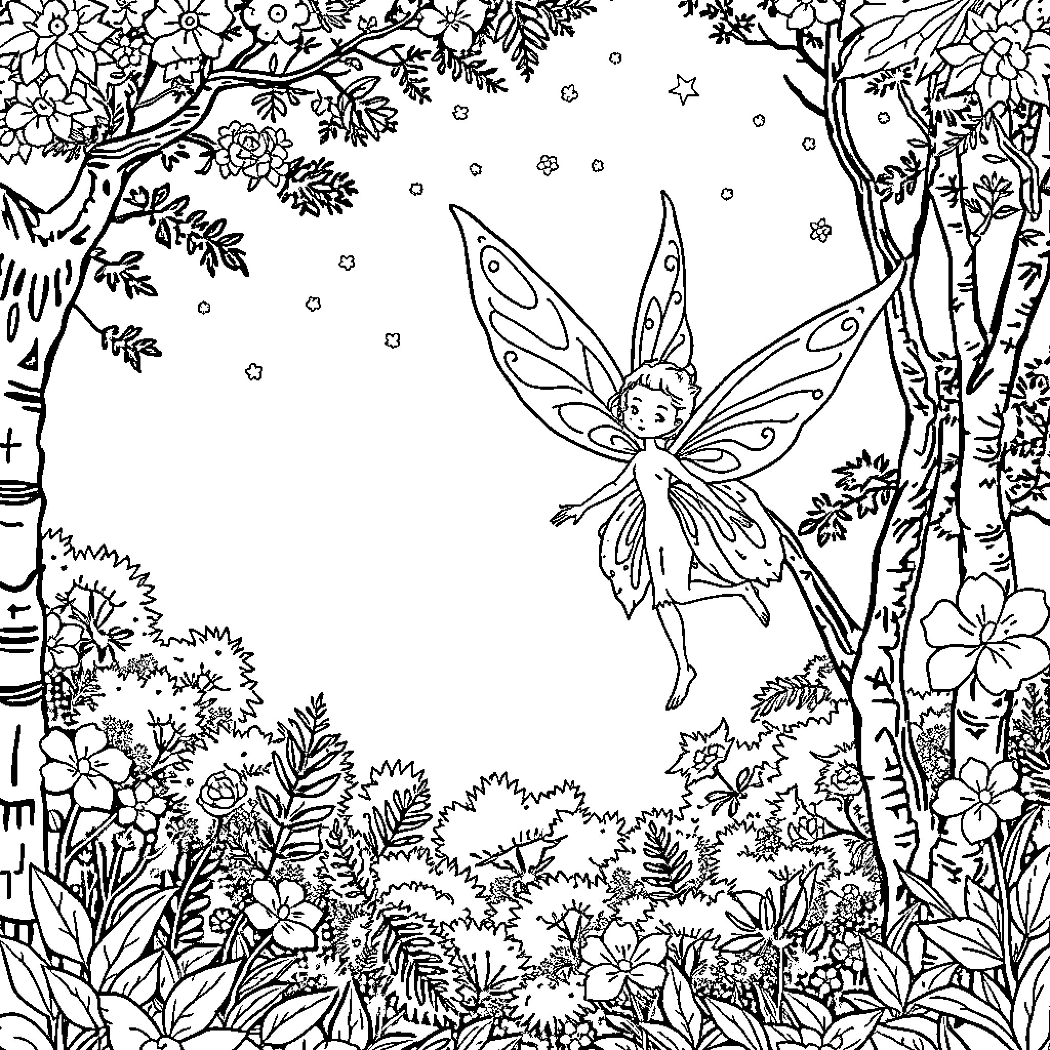 Fairy enchanted forest scene with whimsical creatures Coloring Page (free black-and-white line drawing printable PDF for all, from beginners to advanced learners, including children, teens, adults, and seniors)