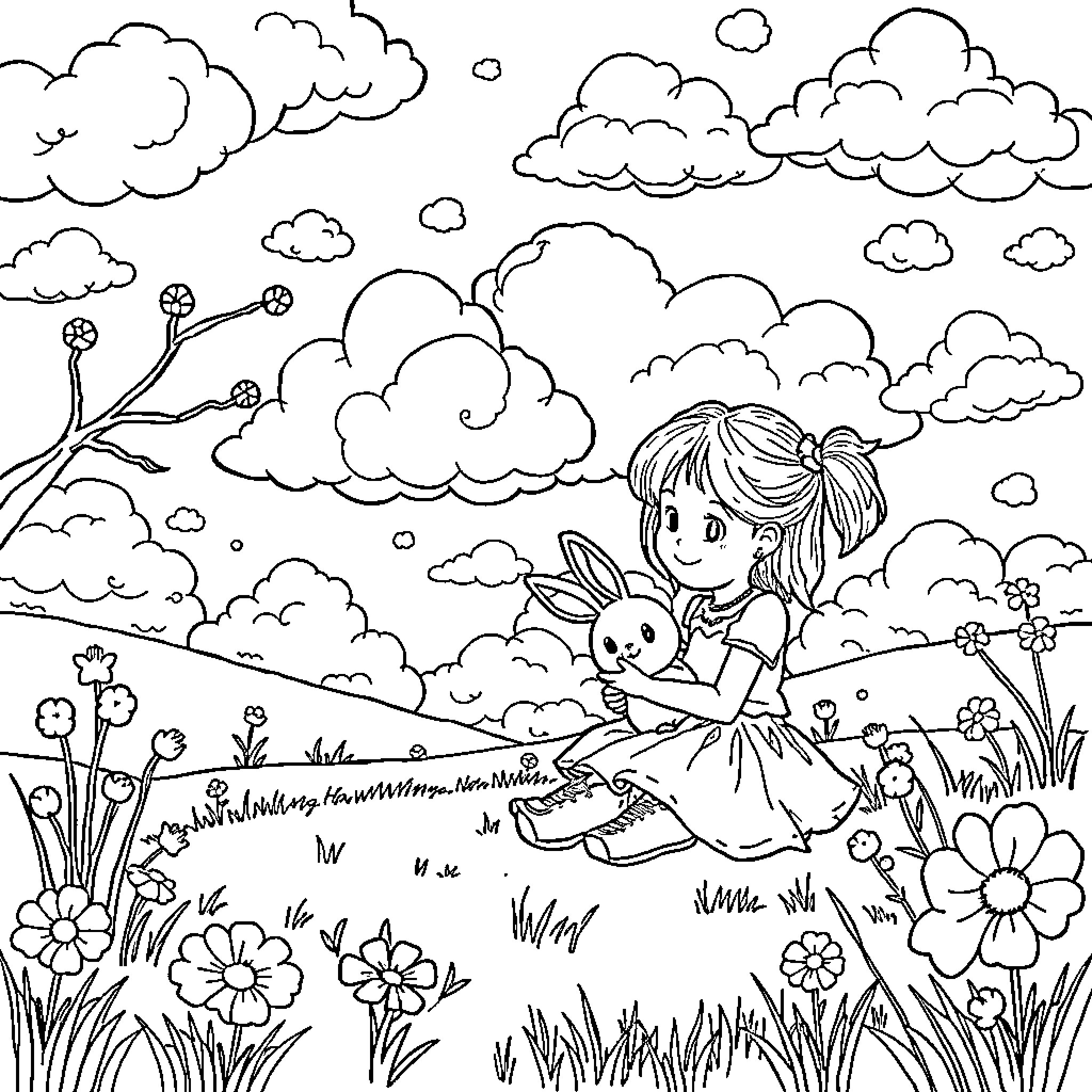 Girl Playing with Bunny in Flower Field Coloring Page (free black-and-white line drawing printable PDF for all, from beginners to advanced learners, including children, teens, adults, and seniors)