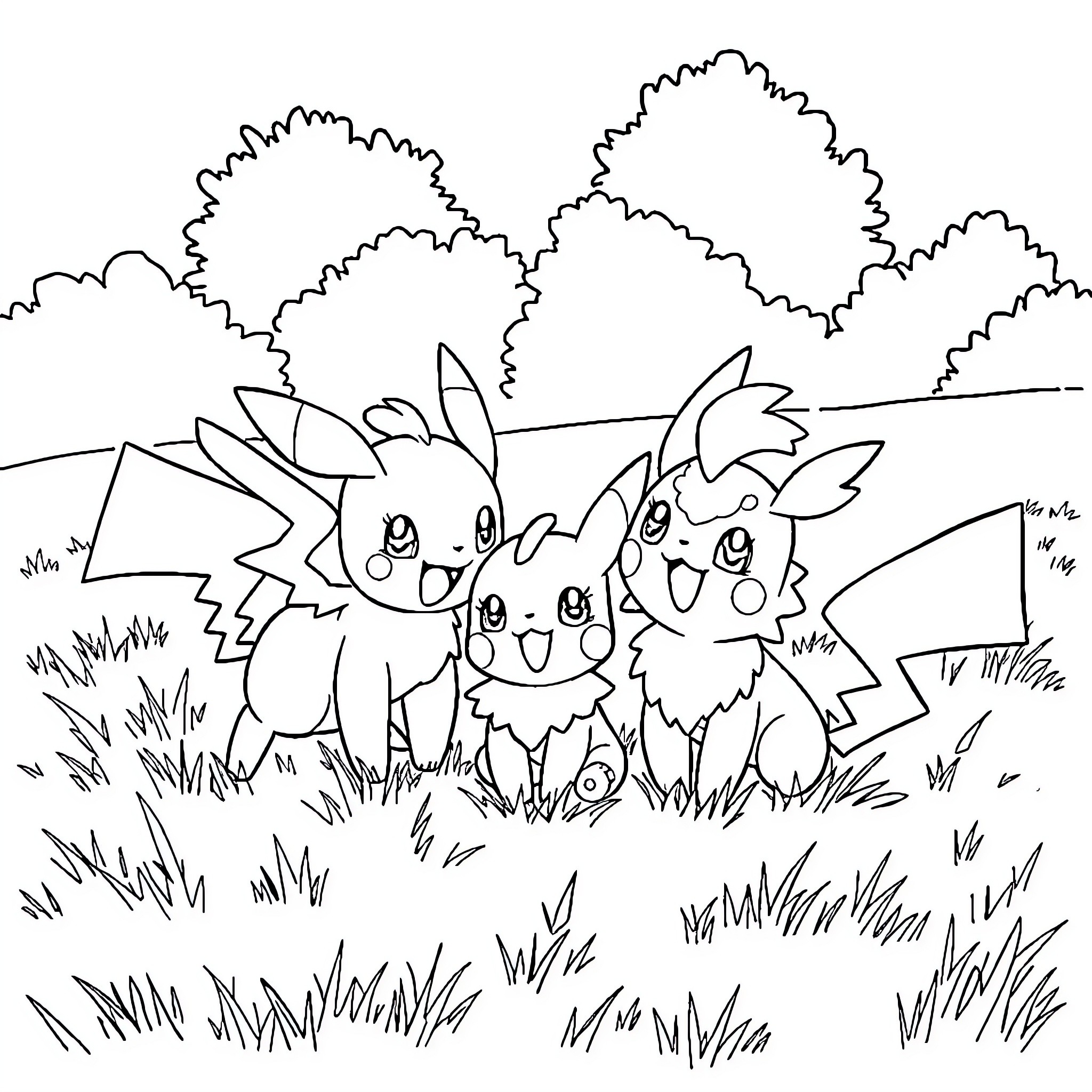 Pokémon characters playing in a grassy field Coloring Page (free black-and-white line drawing printable PDF for all, from beginners to advanced learners, including children, teens, adults, and seniors)