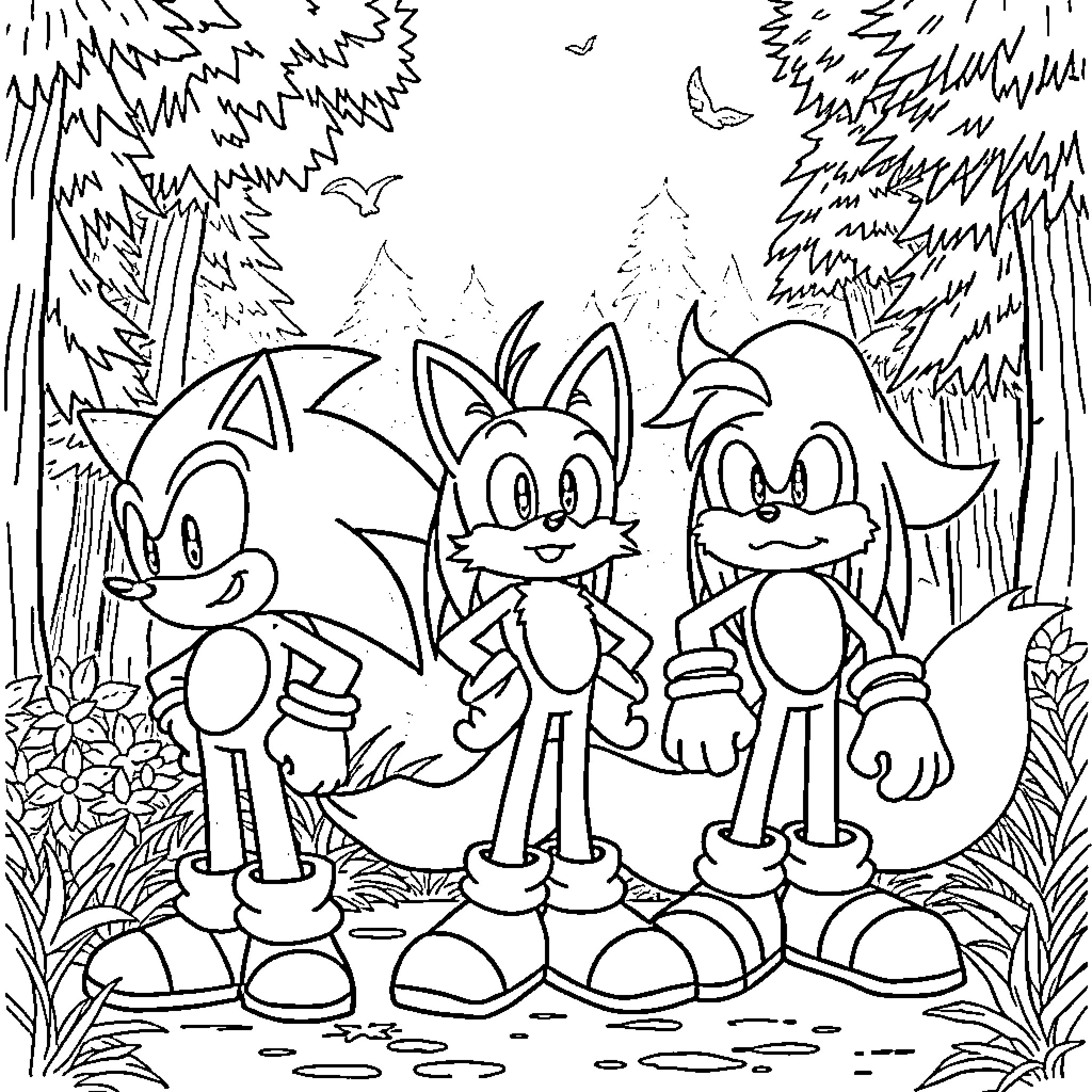 Sonic Characters Exploring the Lush Forest Landscape Coloring Page (free black-and-white line drawing printable PDF for all, from beginners to advanced learners, including children, teens, adults, and seniors)