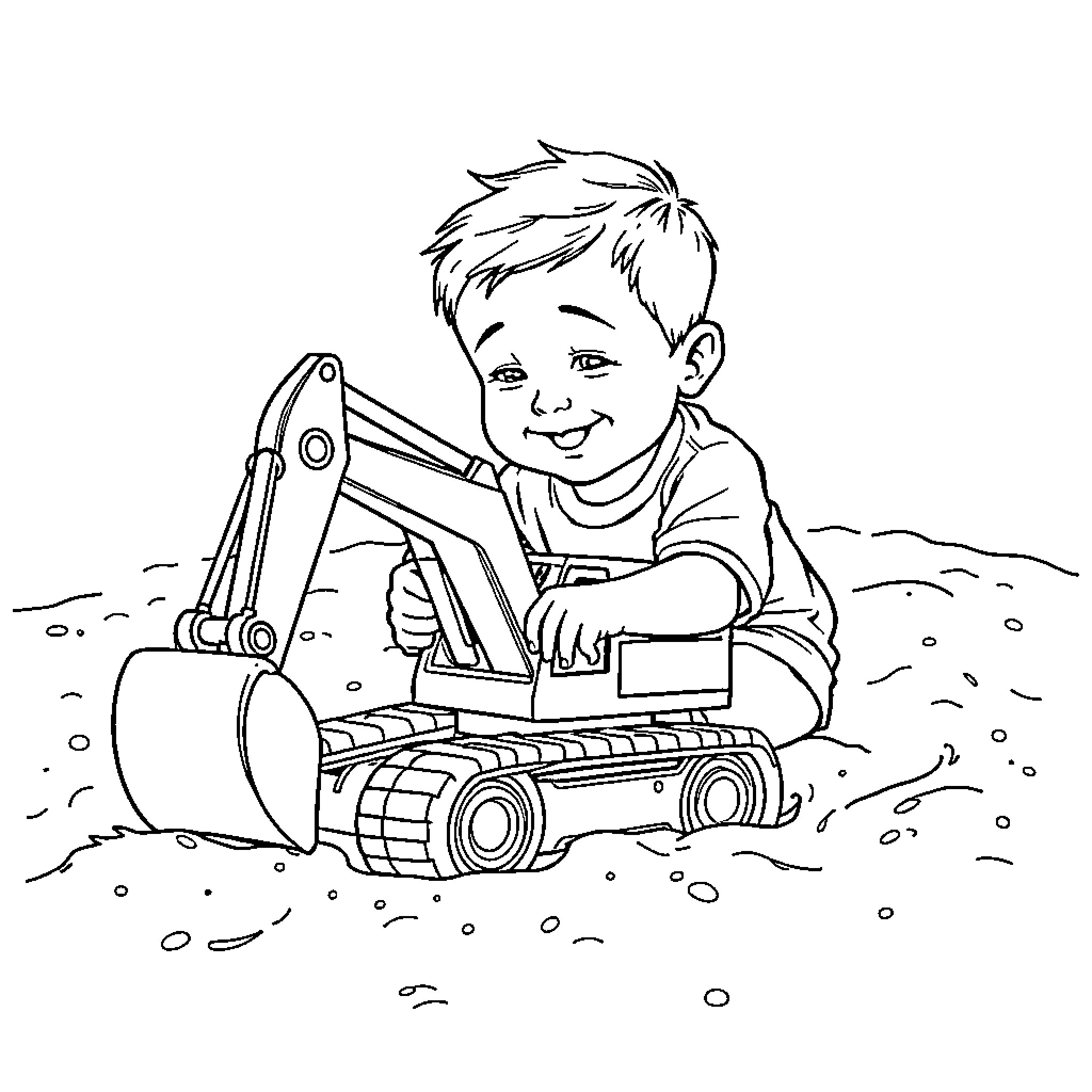 Boy operating construction machinery with joy Coloring Page (free black-and-white line drawing printable PDF for all, from beginners to advanced learners, including children, teens, adults, and seniors)