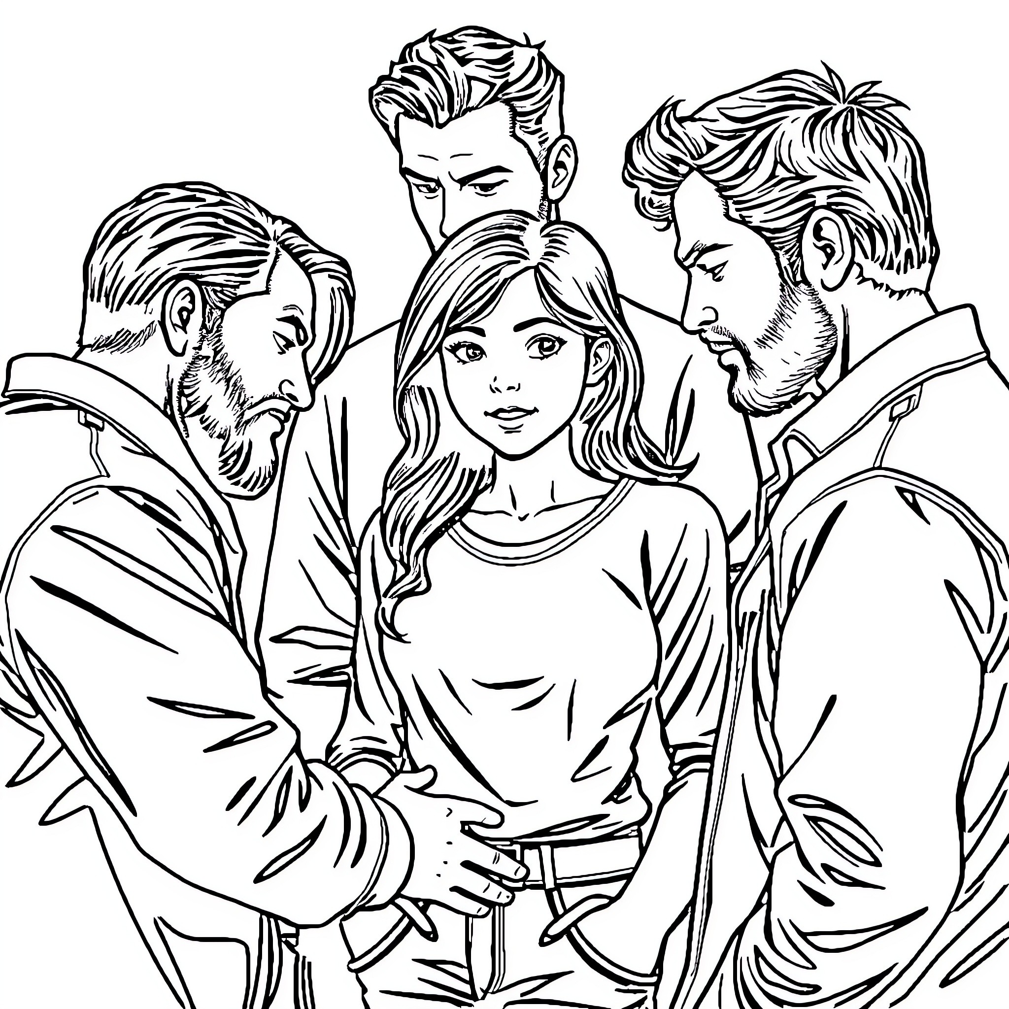 Girl surrounded by four men in conversation Coloring Page (free black-and-white line drawing printable PDF for all, from beginners to advanced learners, including children, teens, adults, and seniors)