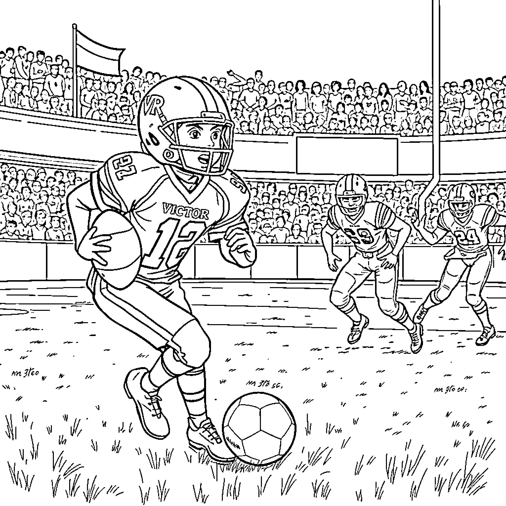 Boy playing football in a crowded stadium Coloring Page (free black-and-white line drawing printable PDF for all, from beginners to advanced learners, including children, teens, adults, and seniors)