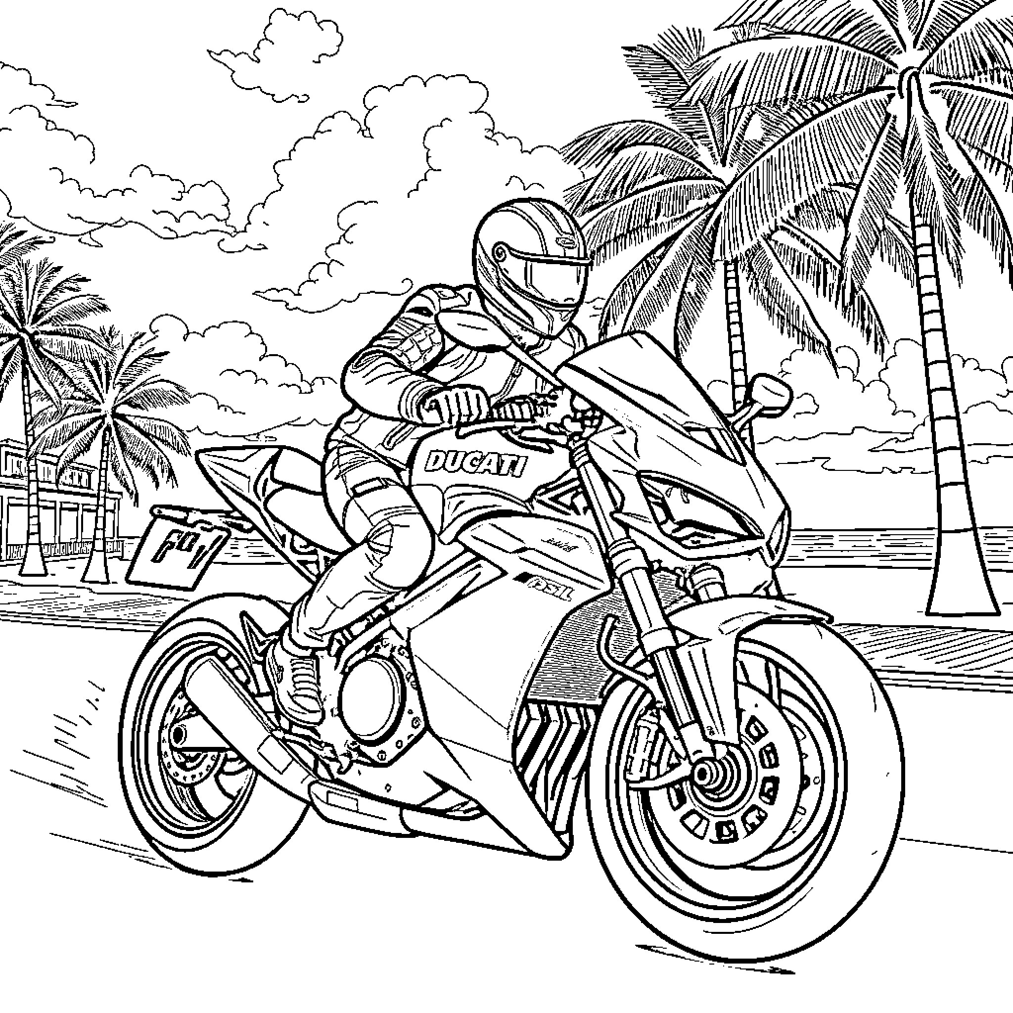 Motorcyclist on tropical coastal road Coloring Page (free black-and-white line drawing printable PDF for all, from beginners to advanced learners, including children, teens, adults, and seniors)