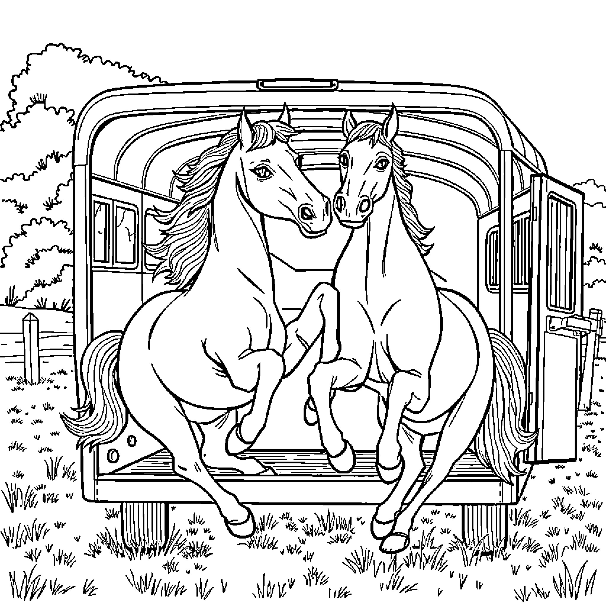 Horse pair riding in a trailer Coloring Page (free black-and-white line drawing printable PDF for all, from beginners to advanced learners, including children, teens, adults, and seniors)