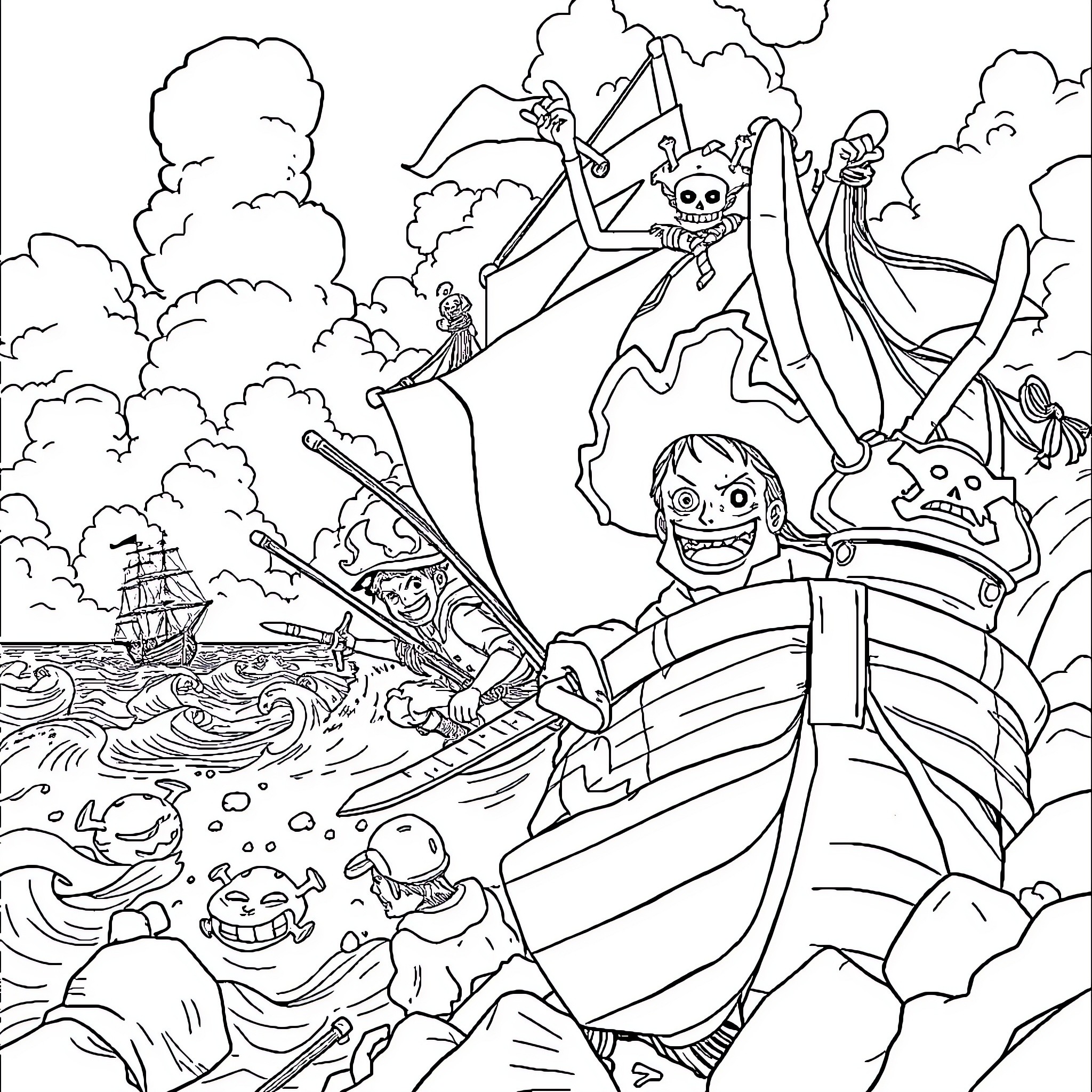 One Piece Adventurers Exploring Fantastical Seascape Coloring Page (free black-and-white line drawing printable PDF for all, from beginners to advanced learners, including children, teens, adults, and seniors)