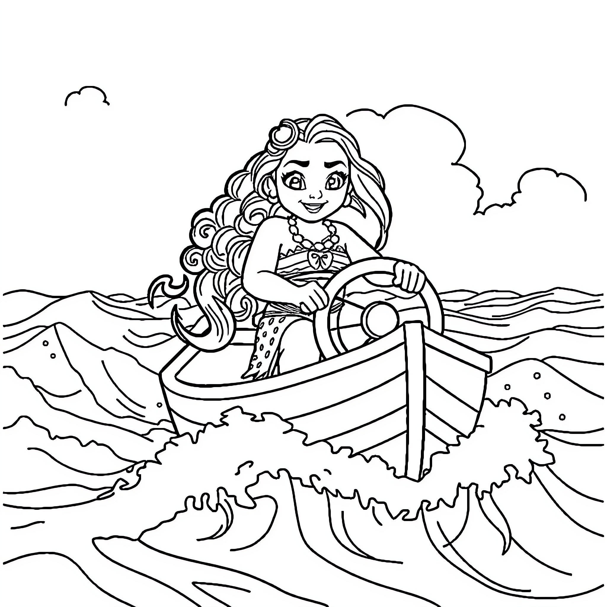 Moana sailing across the ocean waves Coloring Page (free black-and-white line drawing printable PDF for all, from beginners to advanced learners, including children, teens, adults, and seniors)