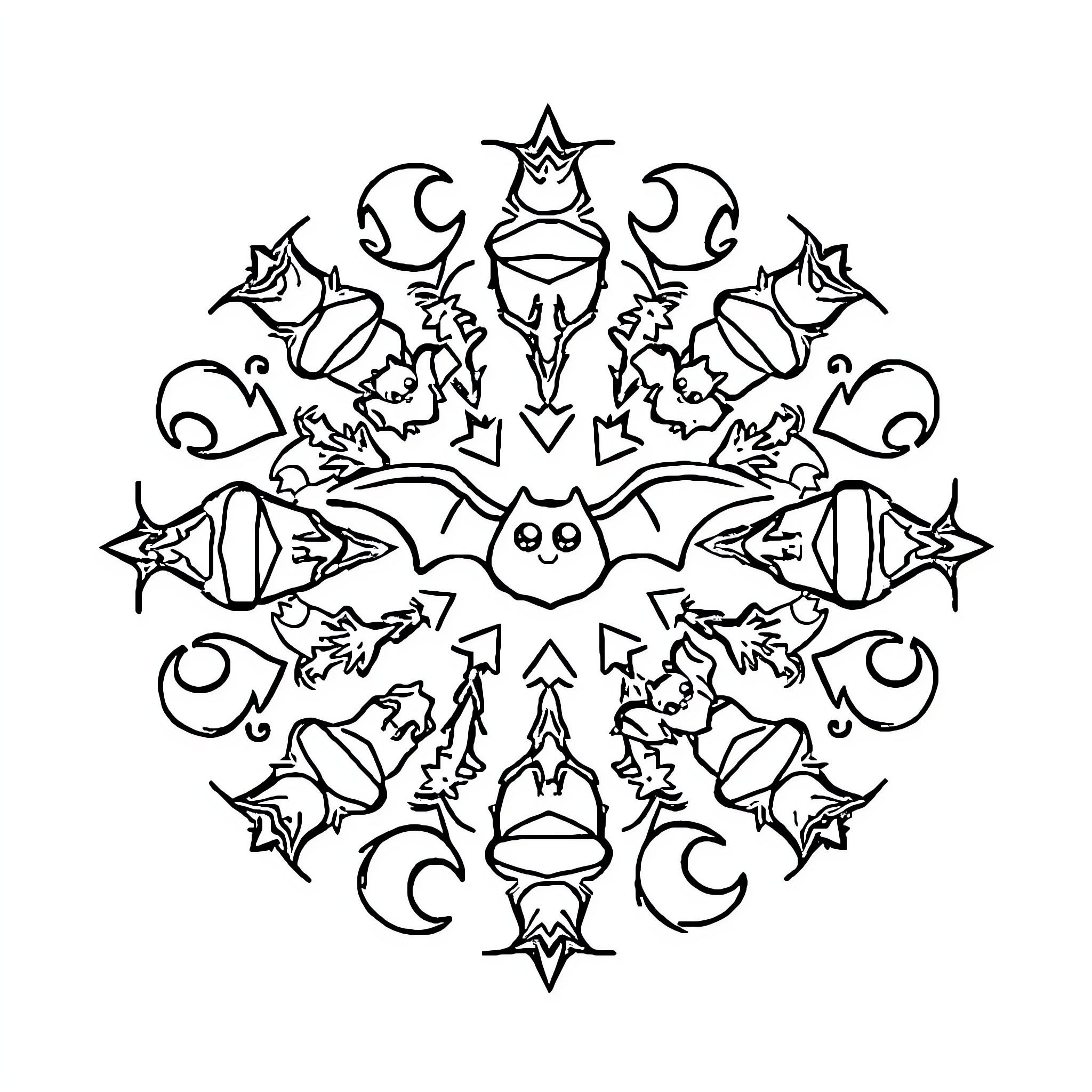 Bat-themed Symmetrical Mandala Design Coloring Page (free black-and-white line drawing printable PDF for all, from beginners to advanced learners, including children, teens, adults, and seniors)