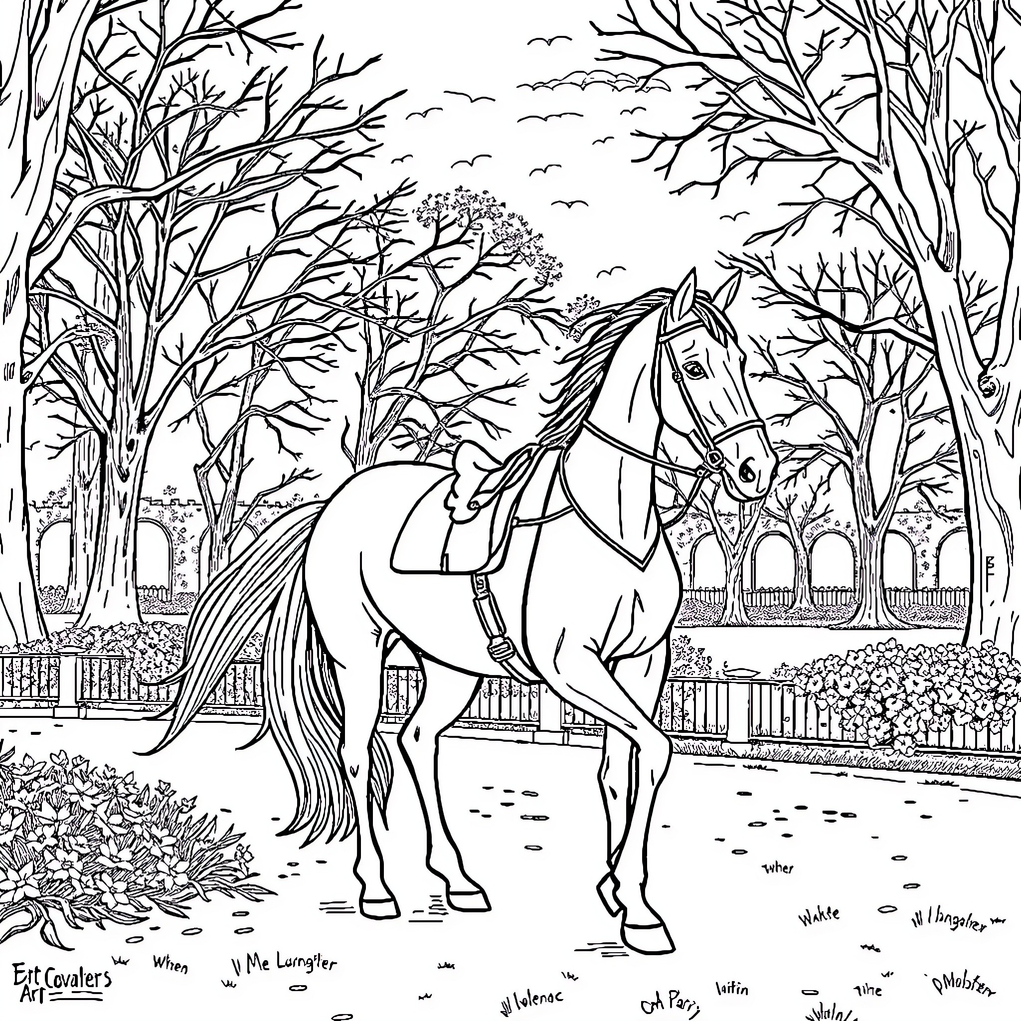 Horse standing in a forest landscape Coloring Page (free black-and-white line drawing printable PDF for all, from beginners to advanced learners, including children, teens, adults, and seniors)