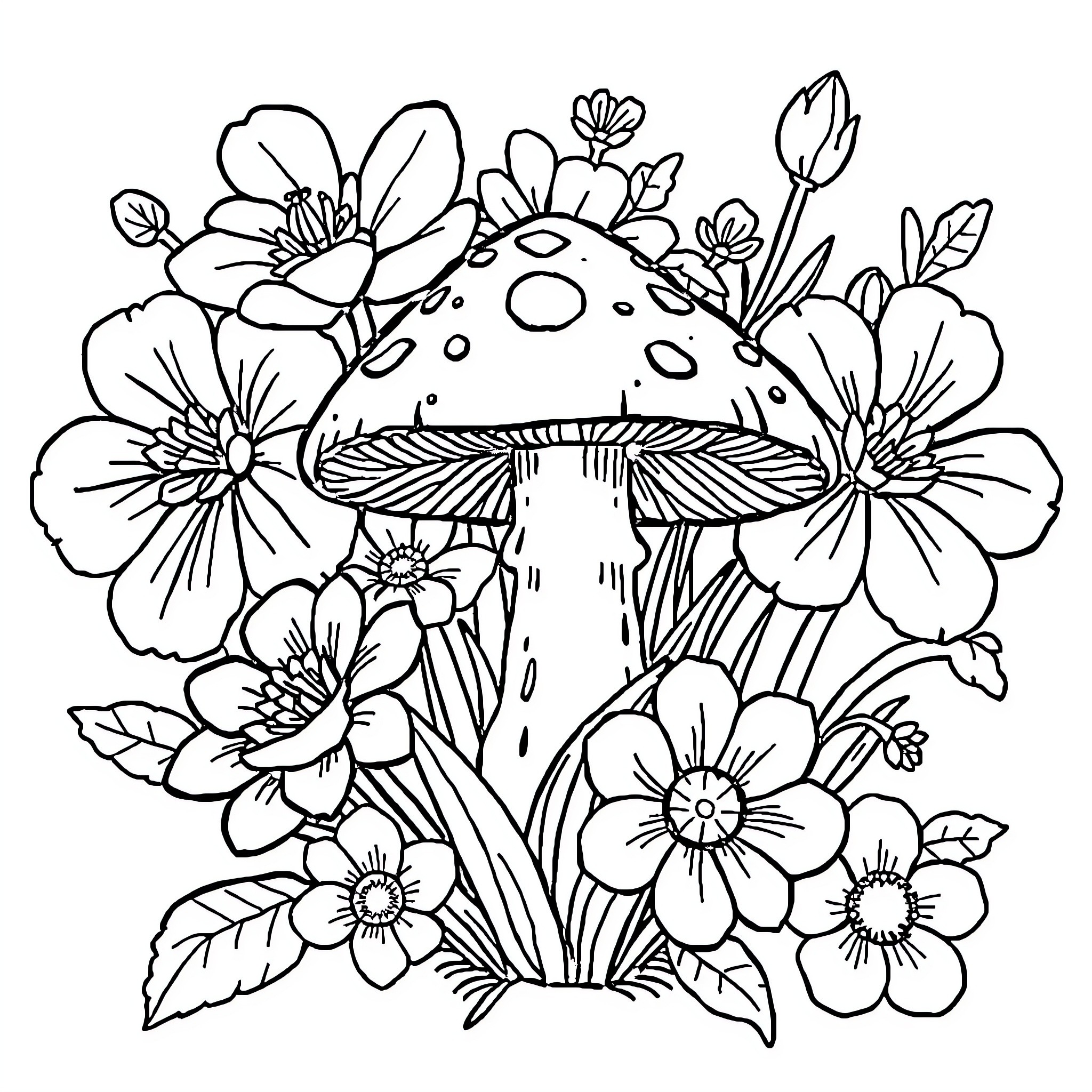 Mushroom surrounded by blooming flowers Coloring Page (free black-and-white line drawing printable PDF for all, from beginners to advanced learners, including children, teens, adults, and seniors)