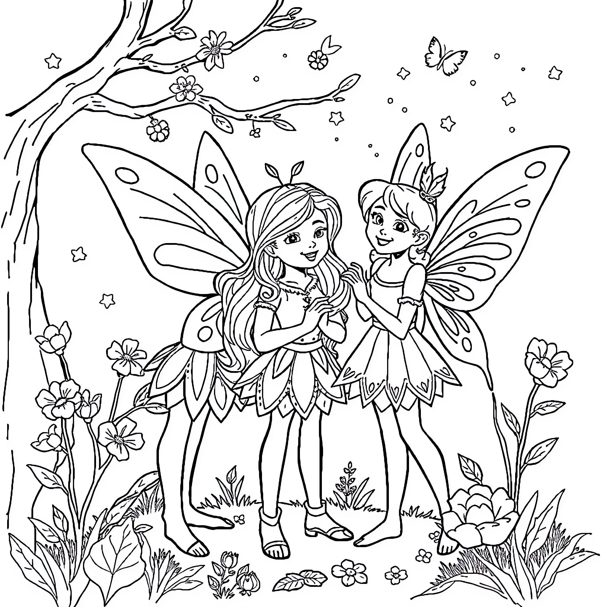 Drawing of Fairy Girls in a Magical Forest Coloring Page (free black-and-white line drawing printable PDF for all, from beginners to advanced learners, including children, teens, adults, and seniors)
