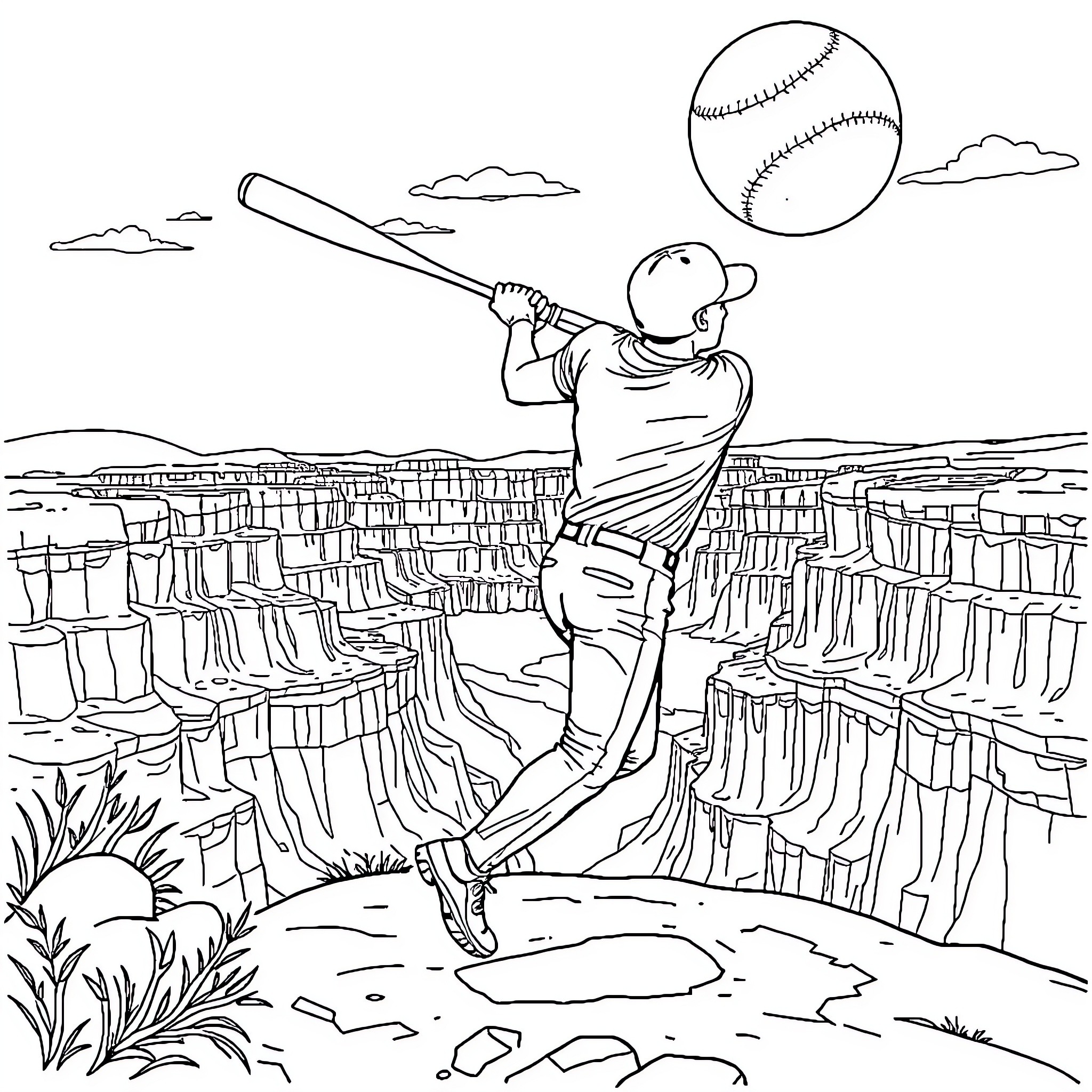 Baseball Player Batting in Outdoor Stadium Coloring Page (free black-and-white line drawing printable PDF for all, from beginners to advanced learners, including children, teens, adults, and seniors)