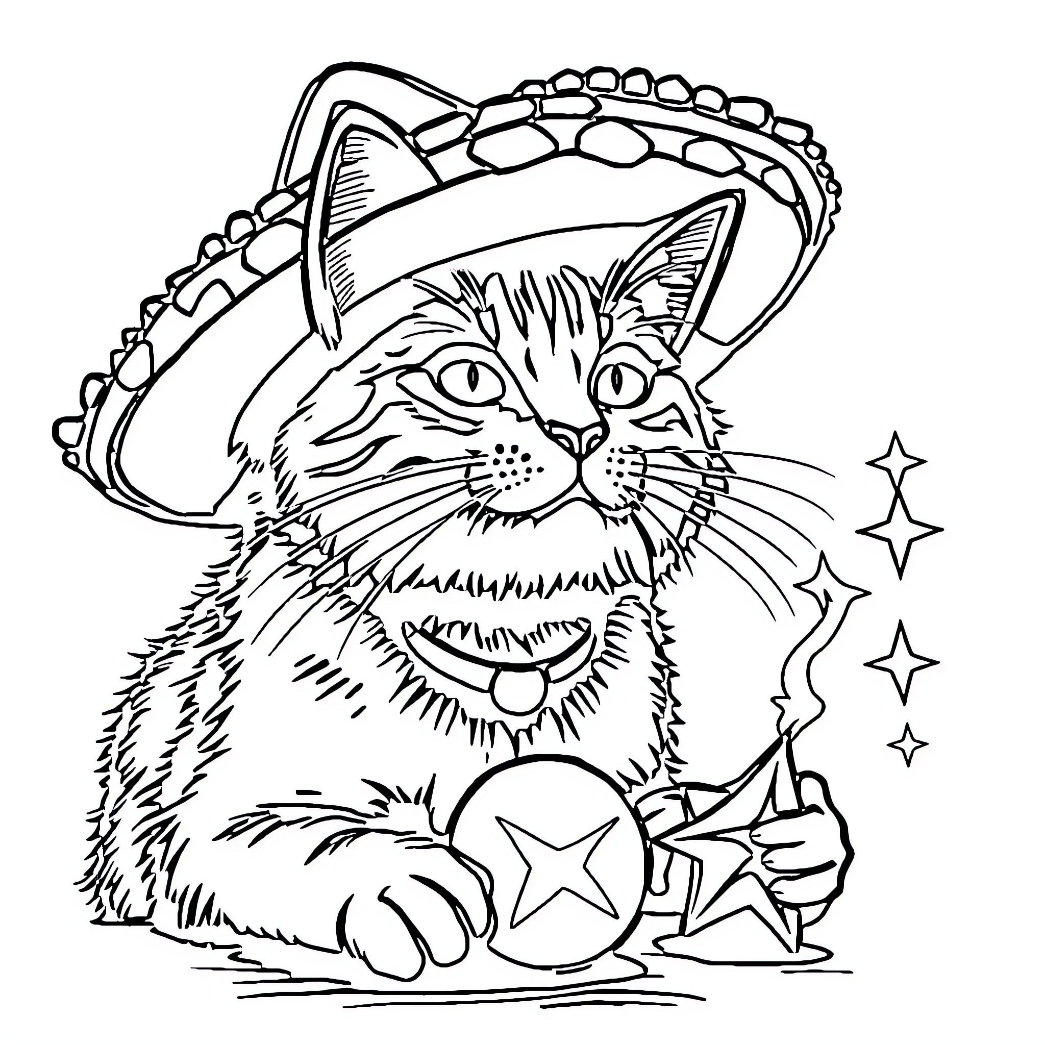 Cat in Mexican Hat with Festive Stars Coloring Page (free black-and-white line drawing printable PDF for all, from beginners to advanced learners, including children, teens, adults, and seniors)