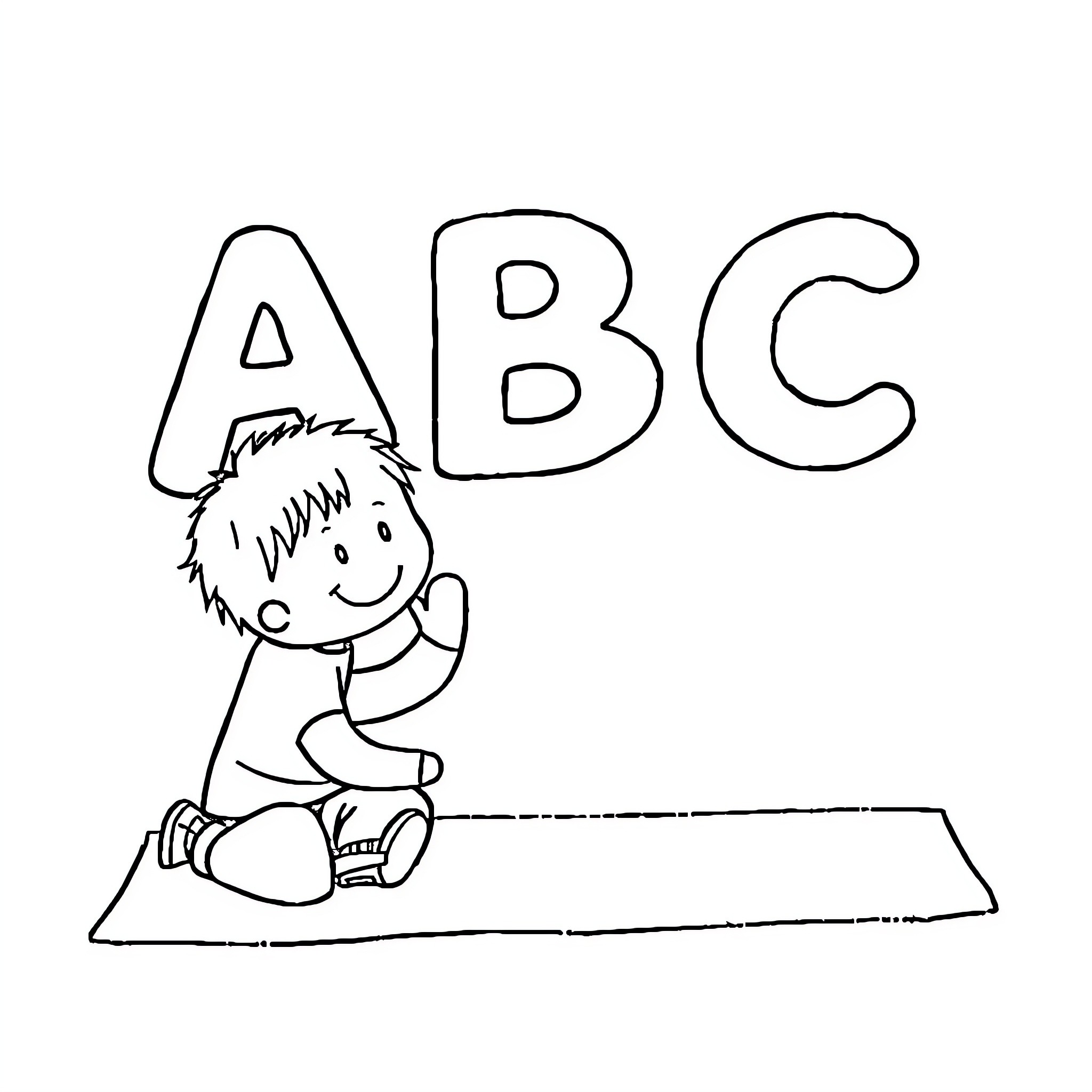 ABC boy learning letters on the ground Coloring Page (free black-and-white line drawing printable PDF for all, from beginners to advanced learners, including children, teens, adults, and seniors)