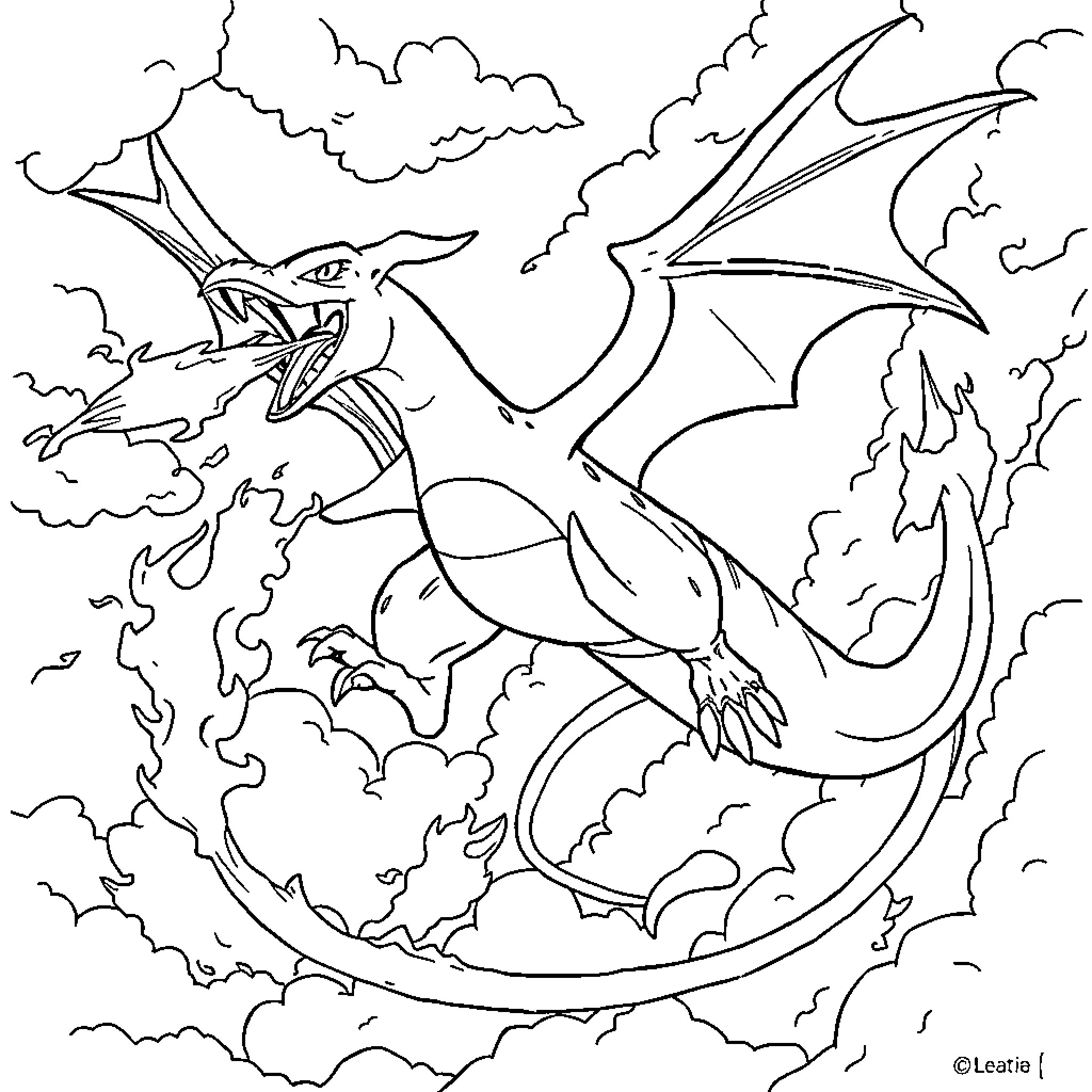 Charizard soaring through the cloudy sky Coloring Page (free black-and-white line drawing printable PDF for all, from beginners to advanced learners, including children, teens, adults, and seniors)