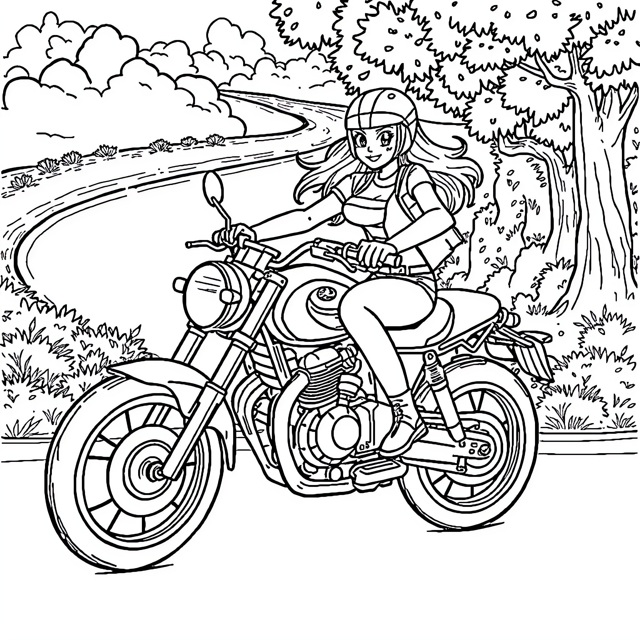Lalinea riding a motorcycle through the countryside Coloring Page (free black-and-white line drawing printable PDF for all, from beginners to advanced learners, including children, teens, adults, and seniors)