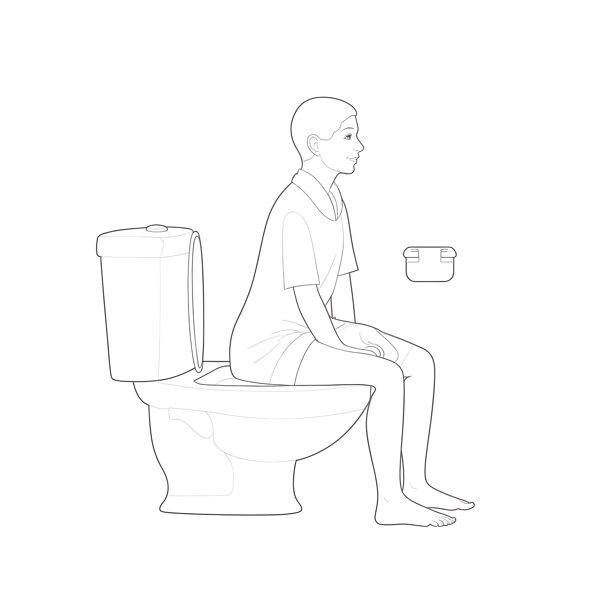 Person sitting on toilet with container Coloring Page (free black-and-white line drawing printable PDF for all, from beginners to advanced learners, including children, teens, adults, and seniors)