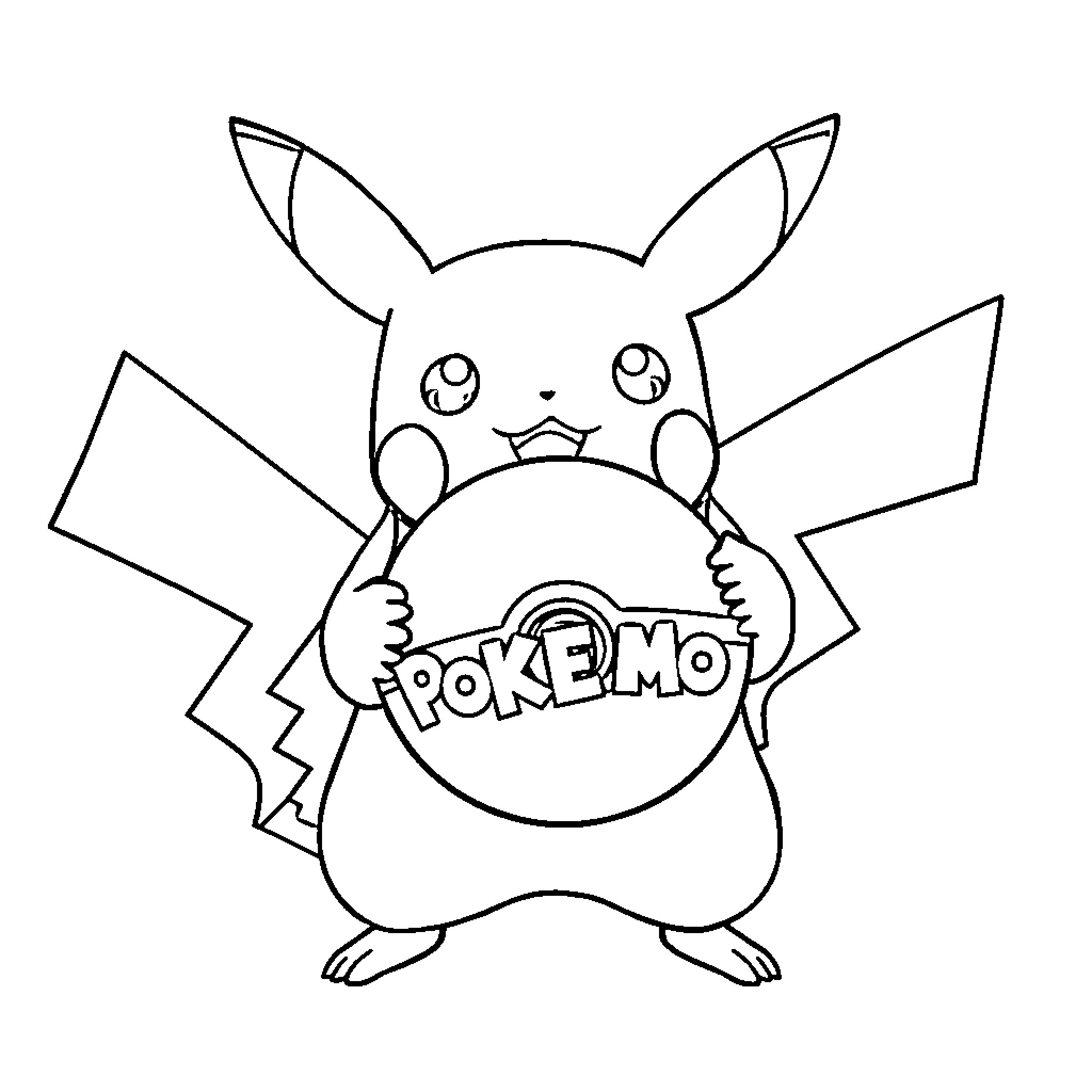 Pikachu holding Pokeball with a happy expression Coloring Page (free black-and-white line drawing printable PDF for all, from beginners to advanced learners, including children, teens, adults, and seniors)