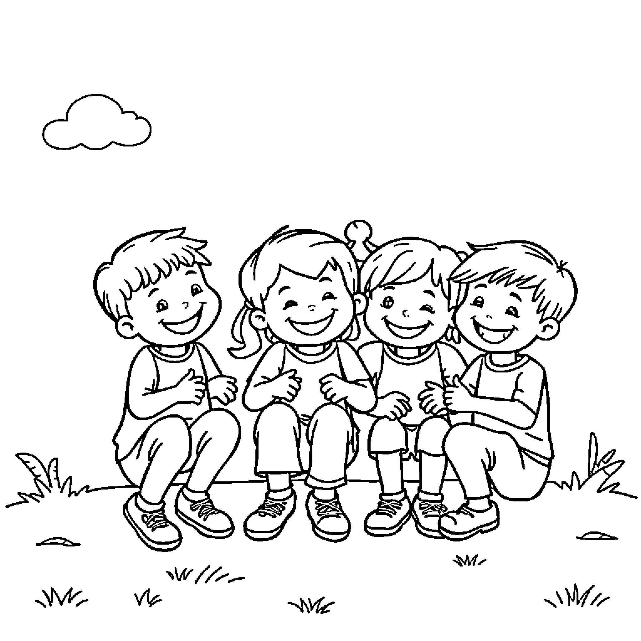 Kid friends sitting together happily outdoors Coloring Page (free black-and-white line drawing printable PDF for all, from beginners to advanced learners, including children, teens, adults, and seniors)