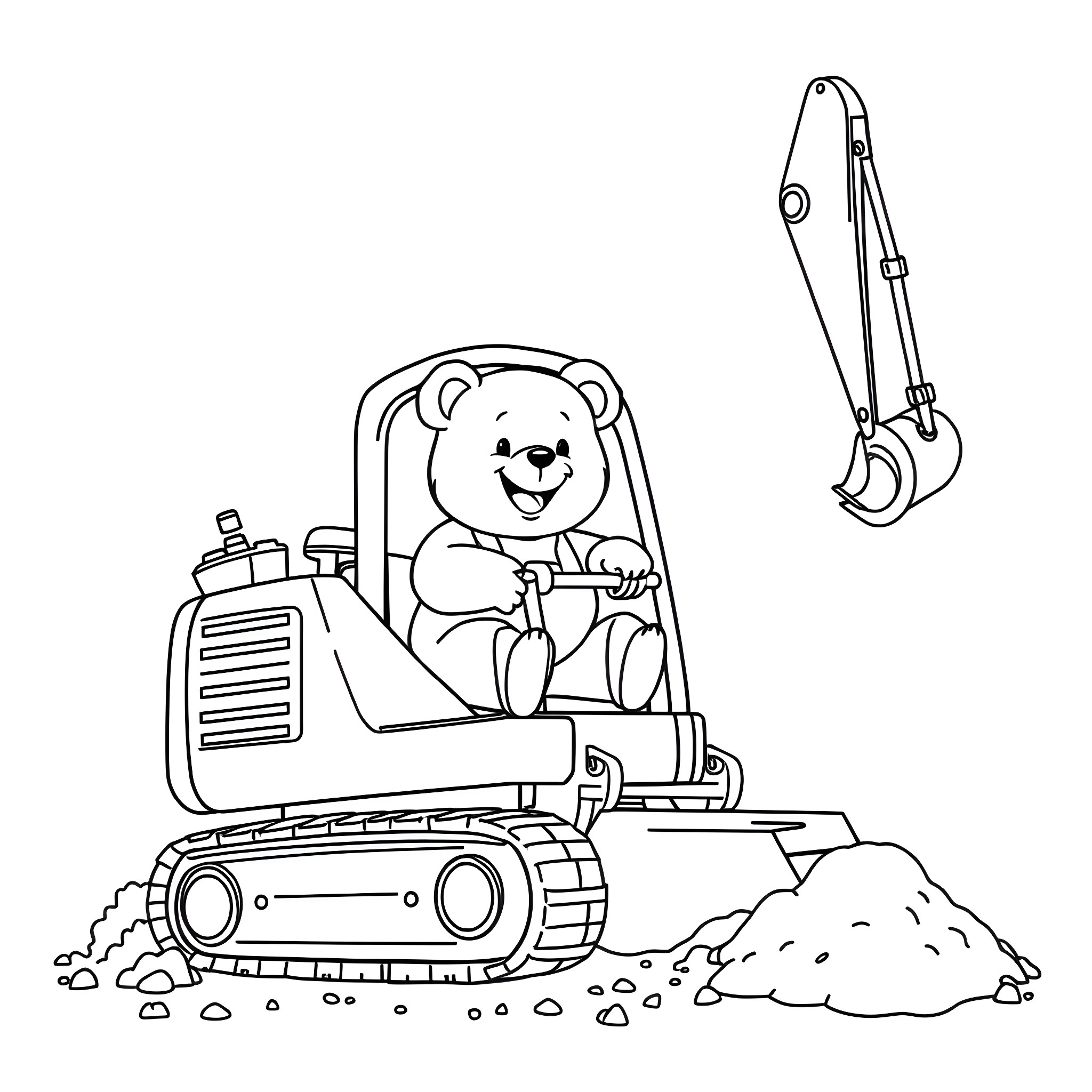 Teddy Bear Operates a Construction Excavator Coloring Page (free black-and-white line drawing printable PDF for all, from beginners to advanced learners, including children, teens, adults, and seniors)