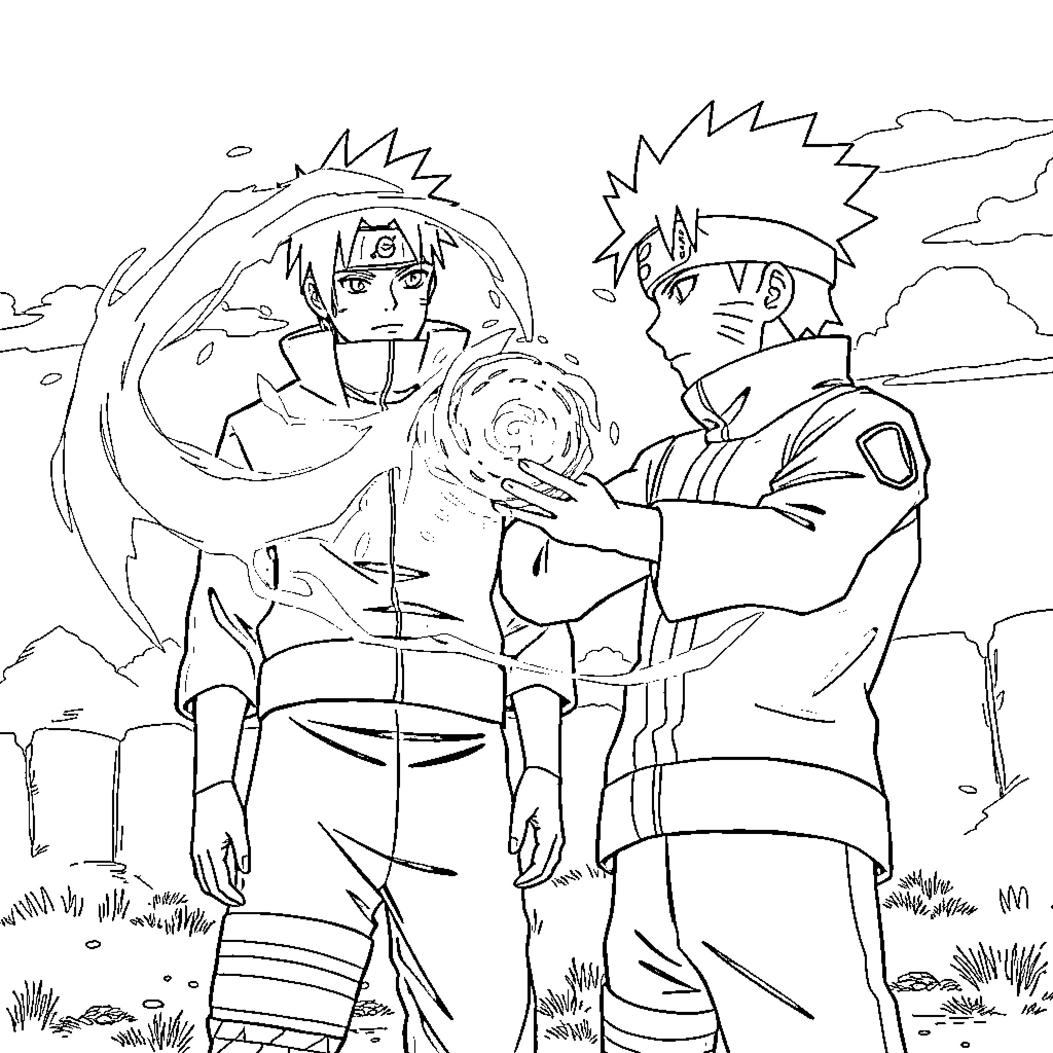 Kakashi and Naruto in an intense moment Coloring Page (free black-and-white line drawing printable PDF for all, from beginners to advanced learners, including children, teens, adults, and seniors)
