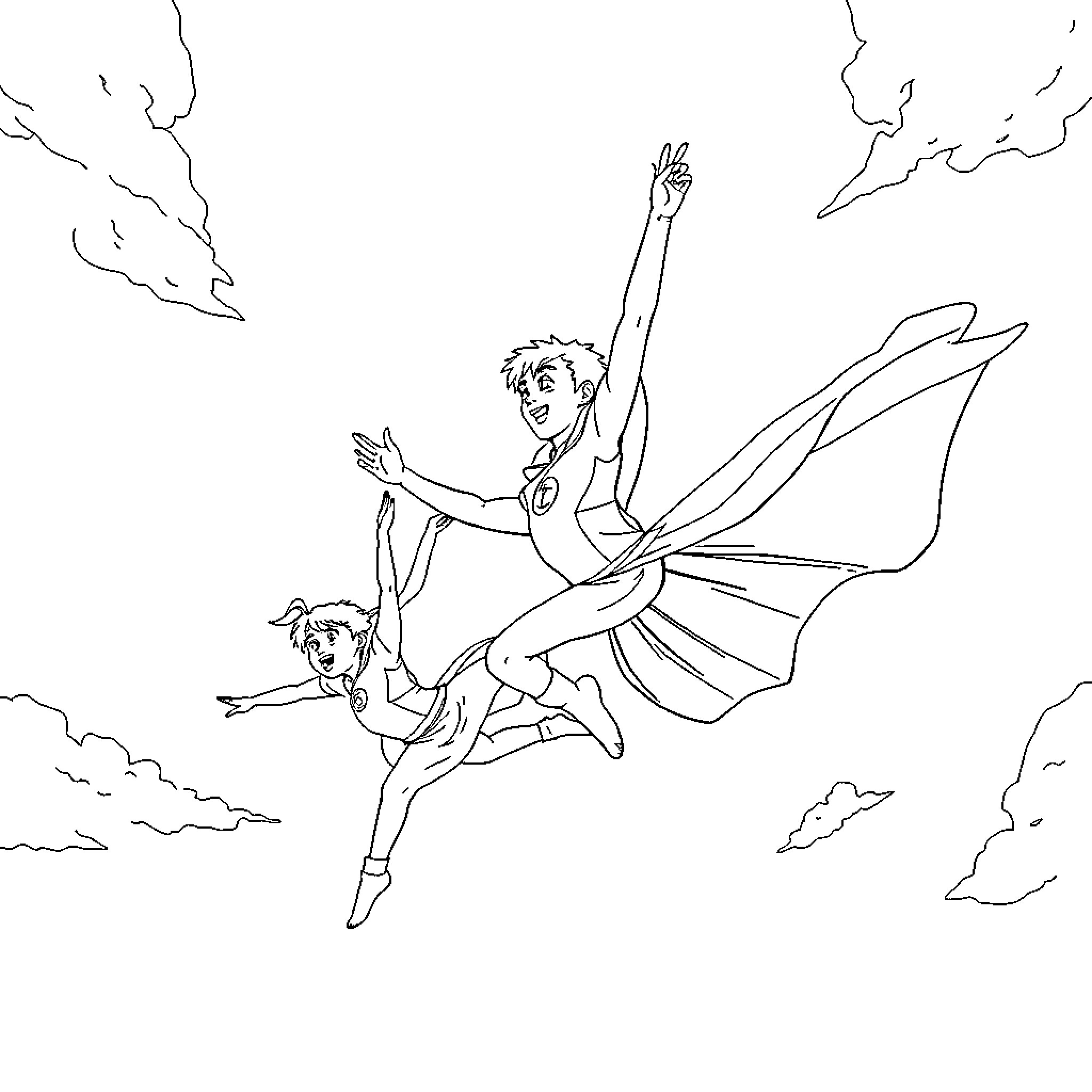 Superkids soaring through the clouds Coloring Page (free black-and-white line drawing printable PDF for all, from beginners to advanced learners, including children, teens, adults, and seniors)