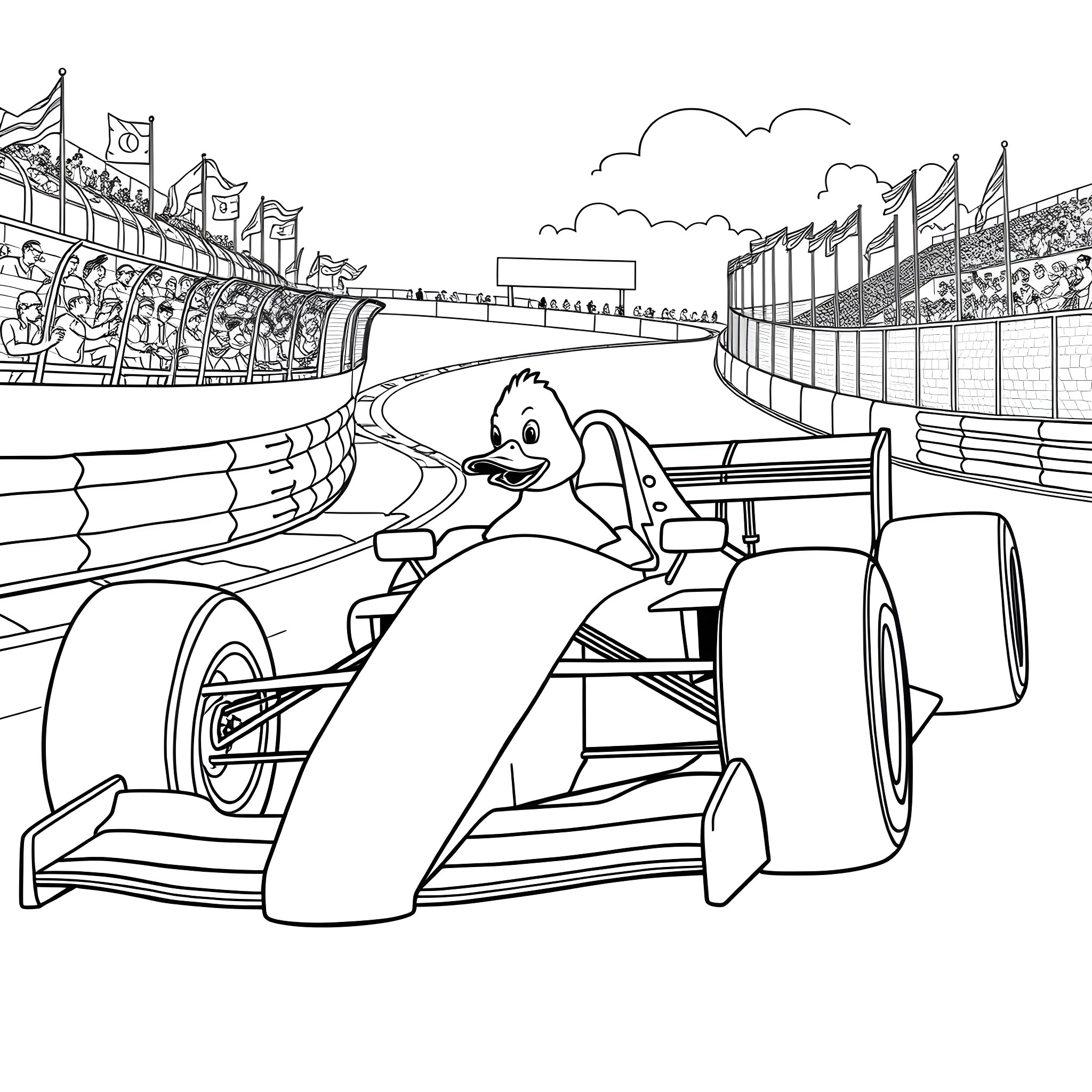 Duck racing in a Formula 1 car on the track Coloring Page (free black-and-white line drawing printable PDF for all, from beginners to advanced learners, including children, teens, adults, and seniors)