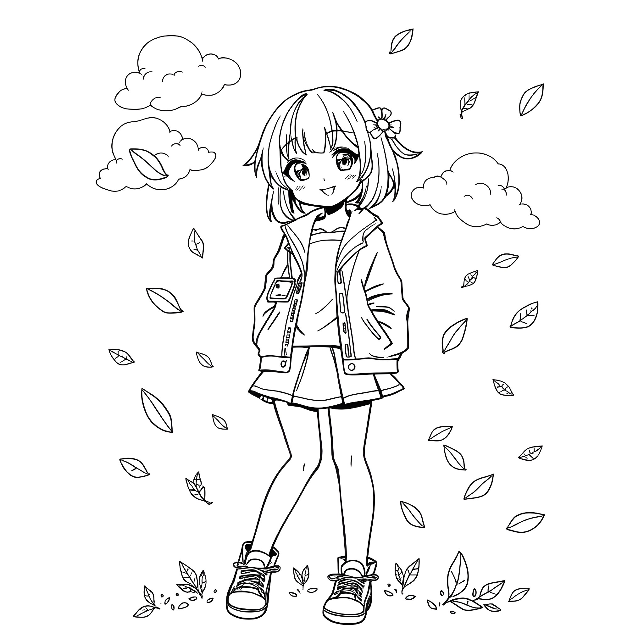 Anime Girl in Autumn Outfit Surrounded by Falling Leaves Coloring Page (free black-and-white line drawing printable PDF for all, from beginners to advanced learners, including children, teens, adults, and seniors)
