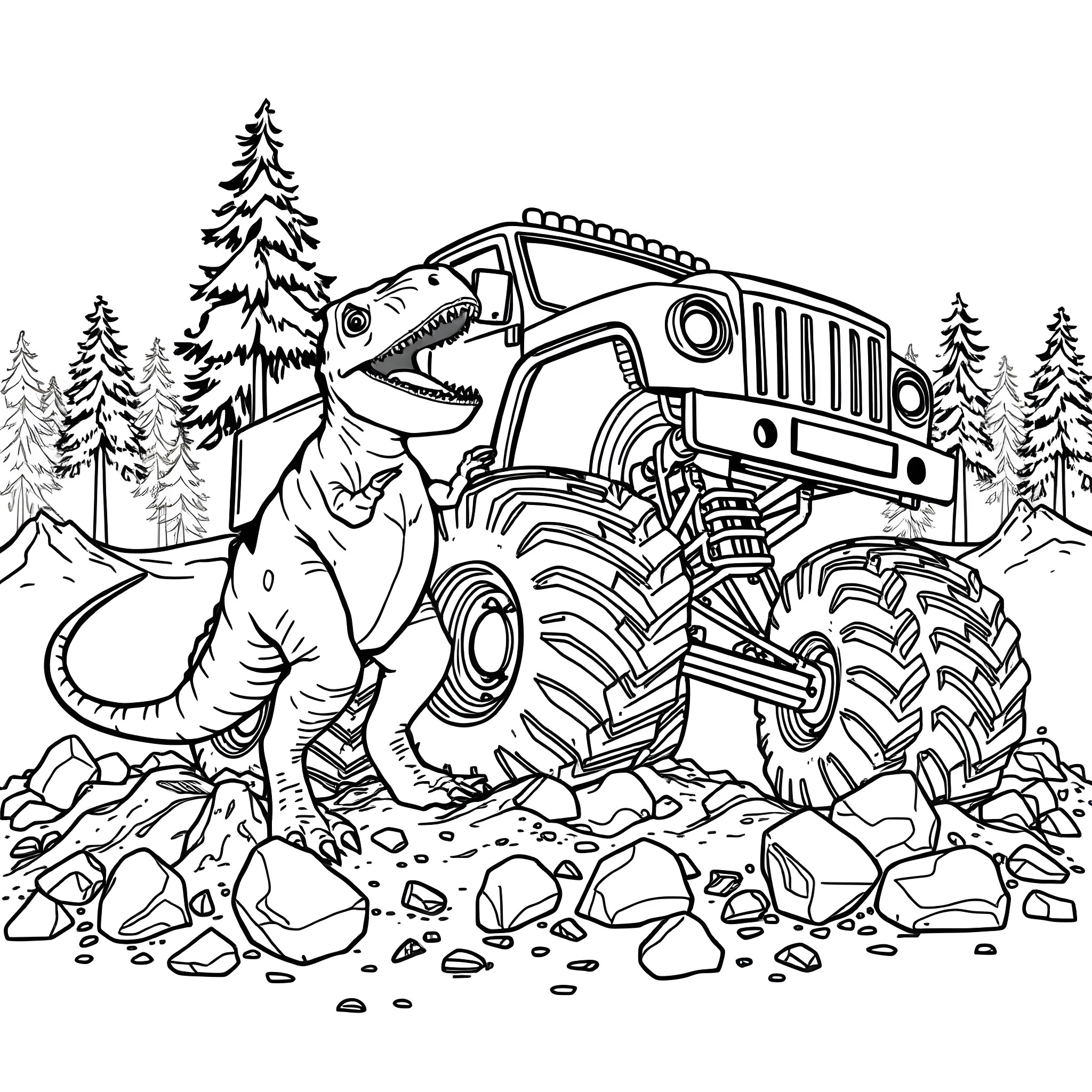 Dino Monster Truck Adventure in the Forest Coloring Page (free black-and-white line drawing printable PDF for all, from beginners to advanced learners, including children, teens, adults, and seniors)