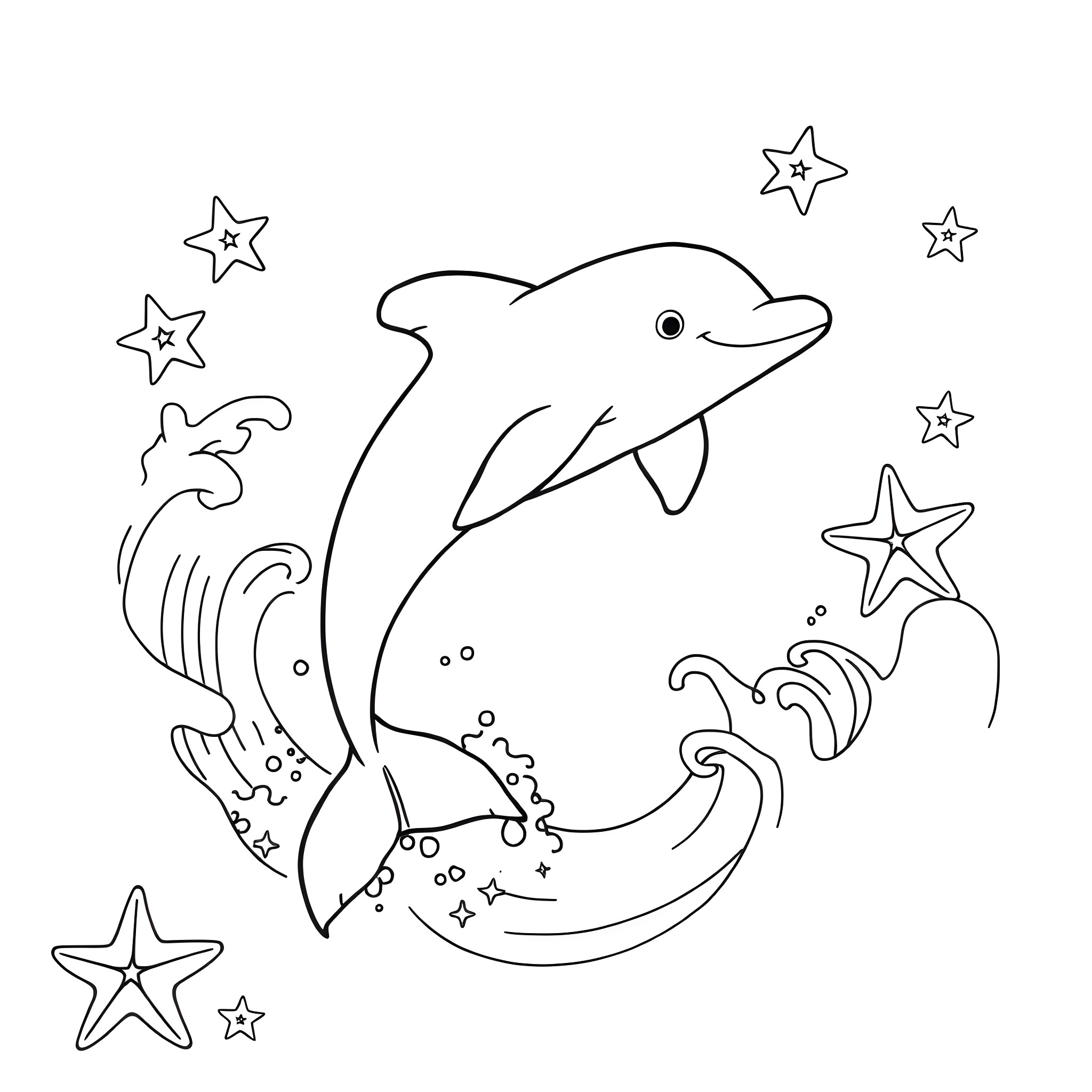 Dolphin swimming among stars Coloring Page (free black-and-white line drawing printable PDF for all, from beginners to advanced learners, including children, teens, adults, and seniors)