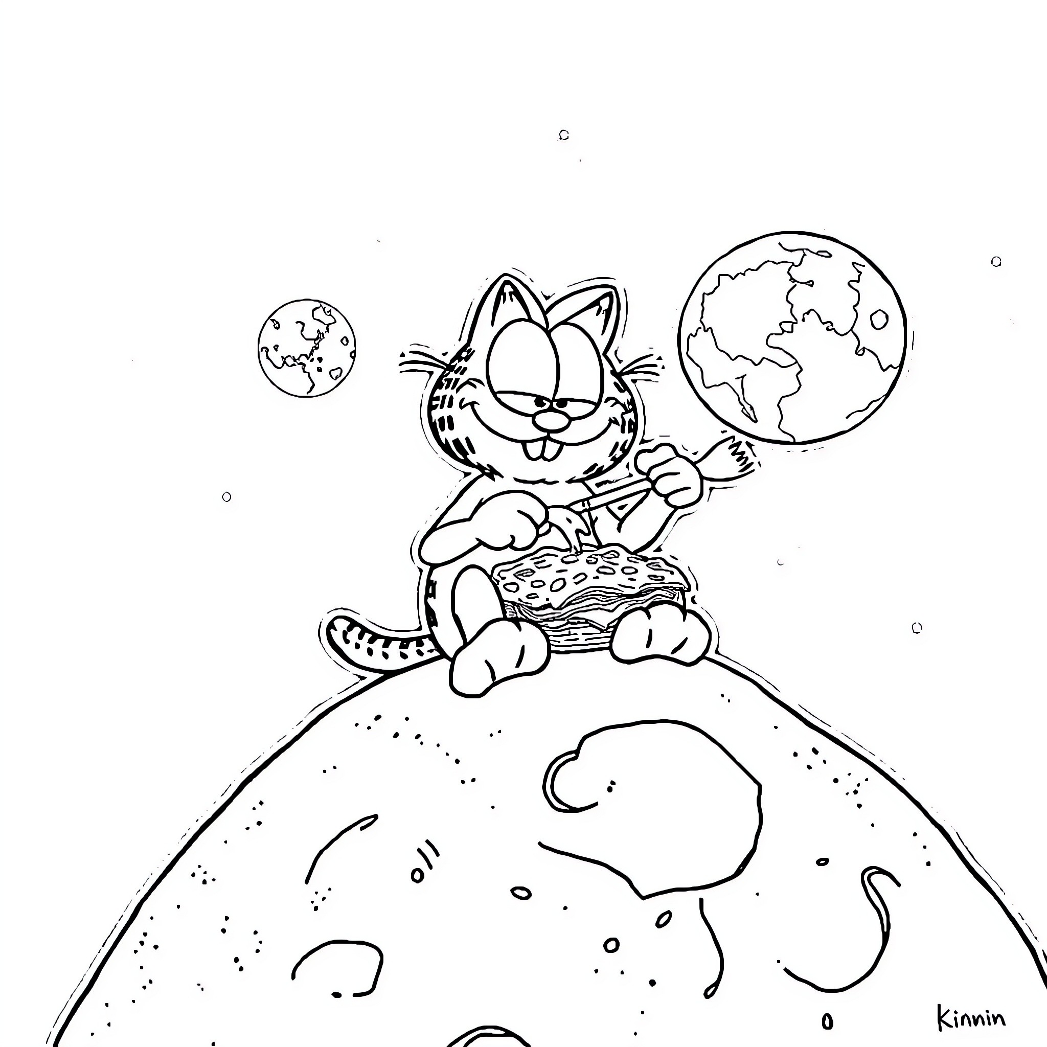 Garfield explores the universe with pizza Coloring Page (free black-and-white line drawing printable PDF for all, from beginners to advanced learners, including children, teens, adults, and seniors)