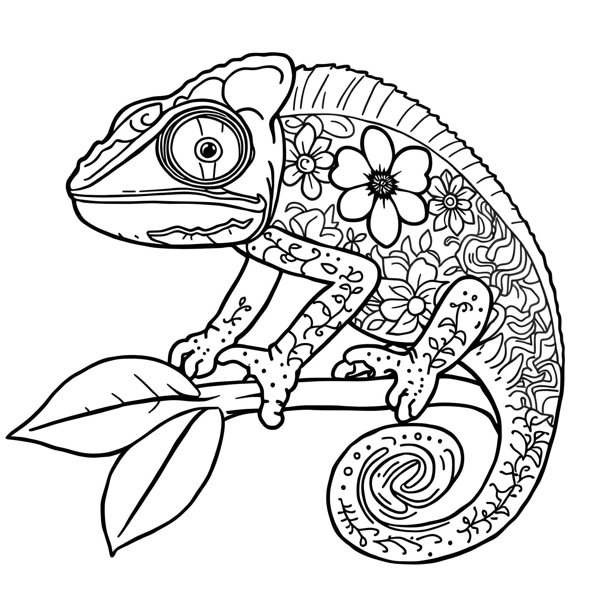 Chameleon with Intricate Floral Patterns Coloring Page (free black-and-white line drawing printable PDF for all, from beginners to advanced learners, including children, teens, adults, and seniors)