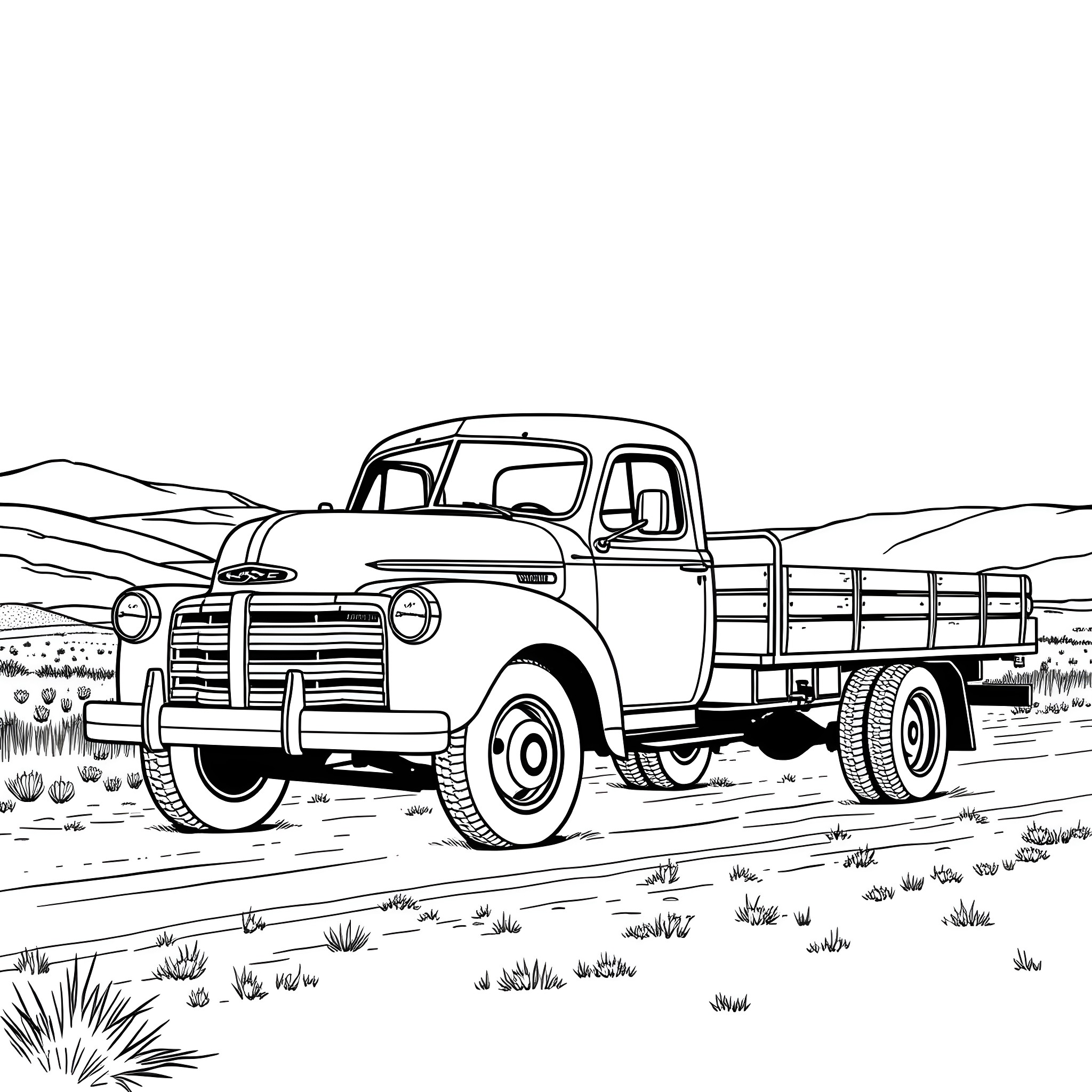 Flatbed Truck Transporting Goods in the Countryside Coloring Page (free black-and-white line drawing printable PDF for all, from beginners to advanced learners, including children, teens, adults, and seniors)