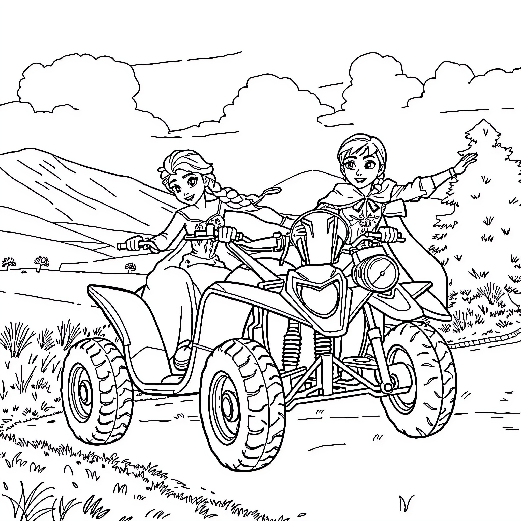 Elsa and Anna ride ATVs through the mountains Coloring Page (free black-and-white line drawing printable PDF for all, from beginners to advanced learners, including children, teens, adults, and seniors)