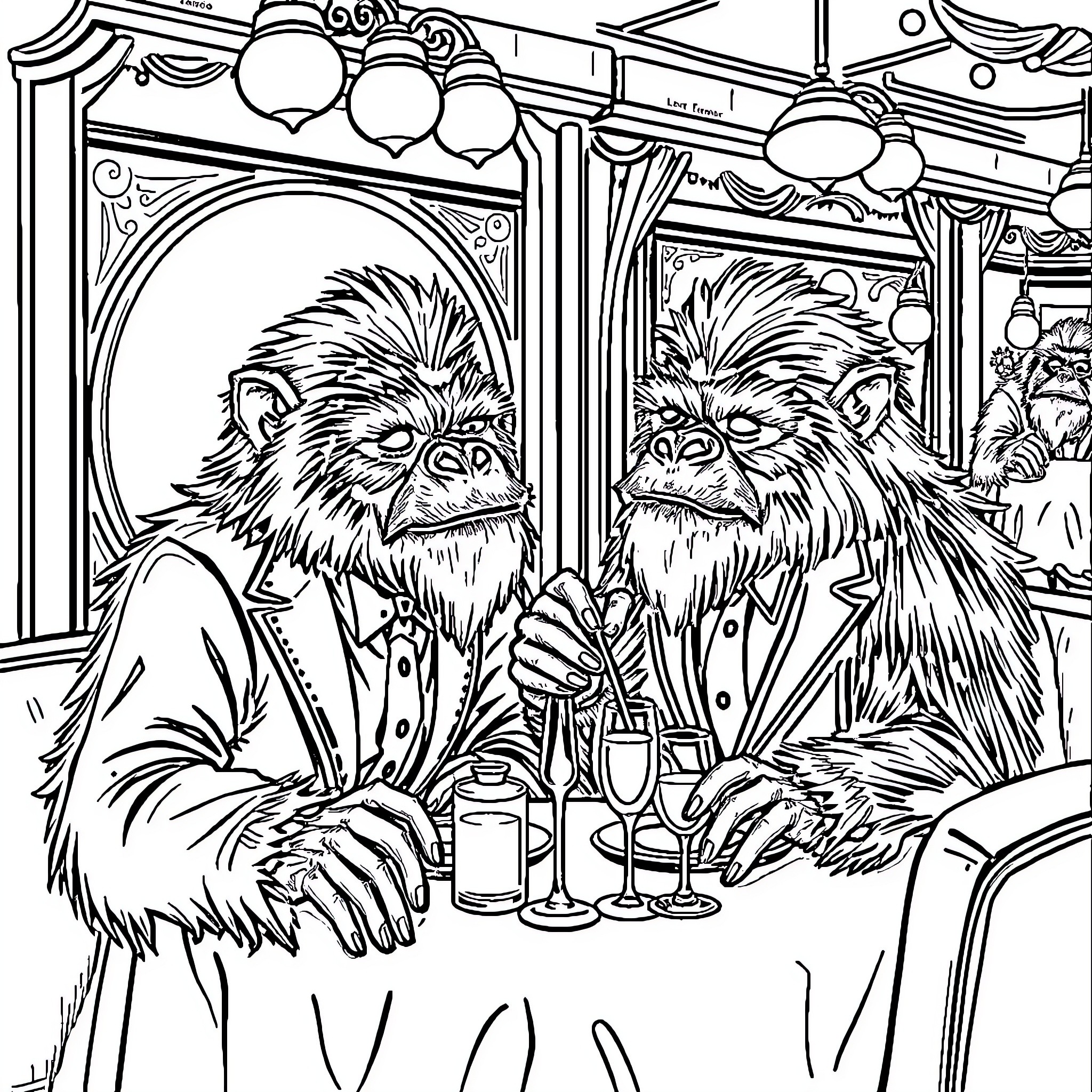 Sasquatch drinking at a fancy bar Coloring Page (free black-and-white line drawing printable PDF for all, from beginners to advanced learners, including children, teens, adults, and seniors)