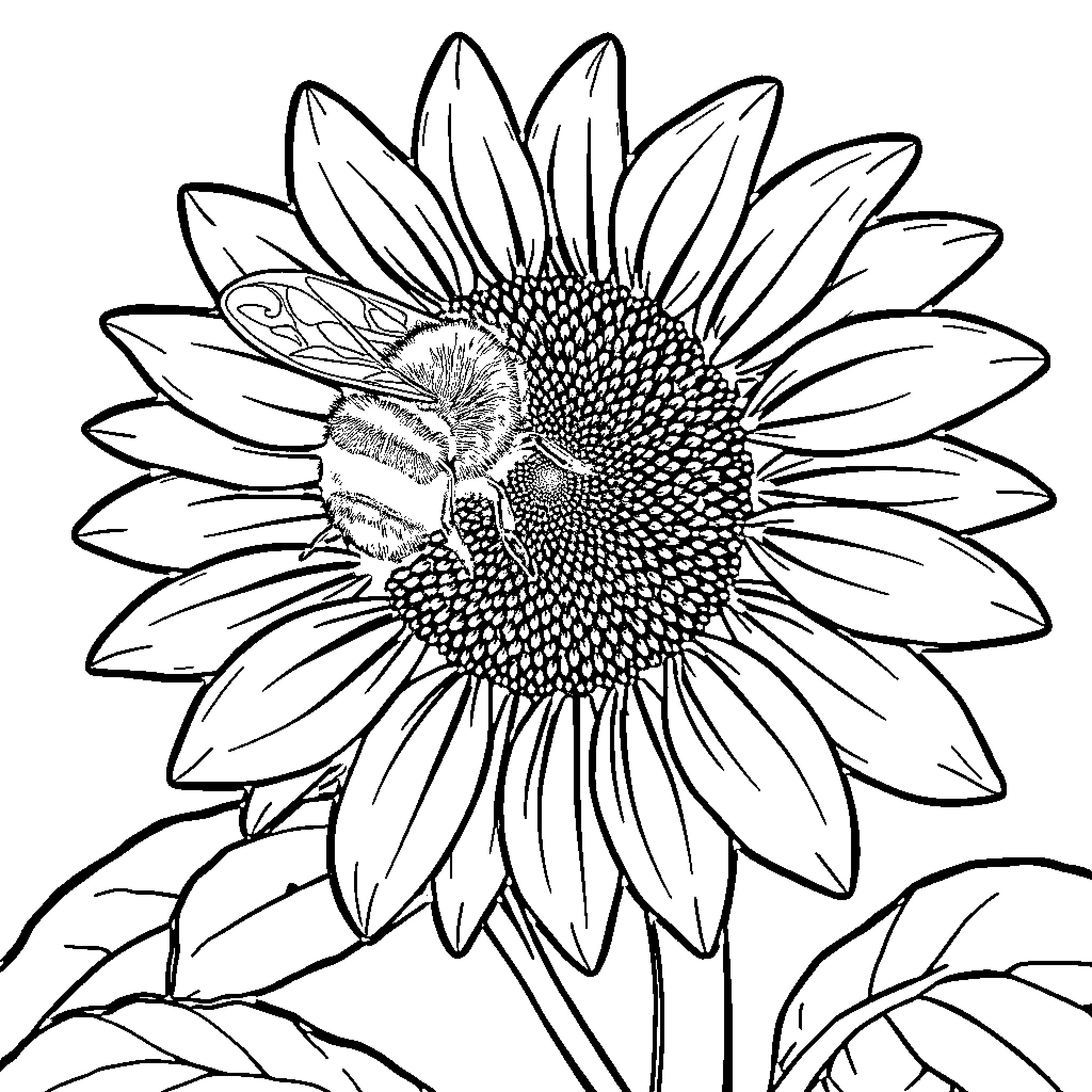 Bee pollinating a sunflower Coloring Page (free black-and-white line drawing printable PDF for all, from beginners to advanced learners, including children, teens, adults, and seniors)
