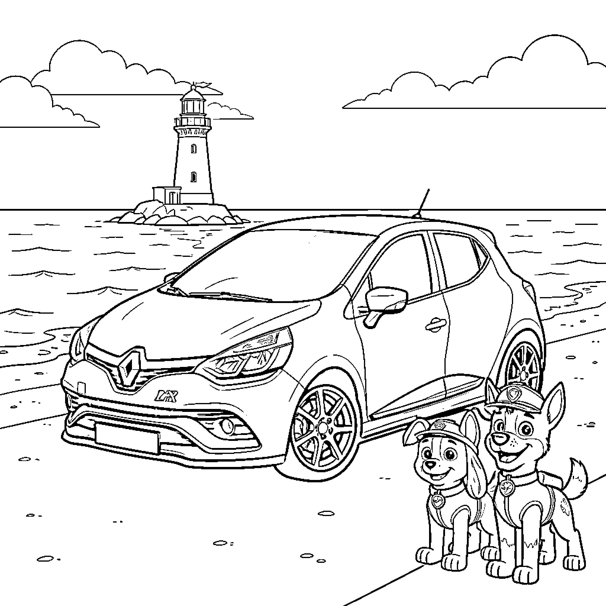 Car parked near a lighthouse with friendly puppies Coloring Page (free black-and-white line drawing printable PDF for all, from beginners to advanced learners, including children, teens, adults, and seniors)