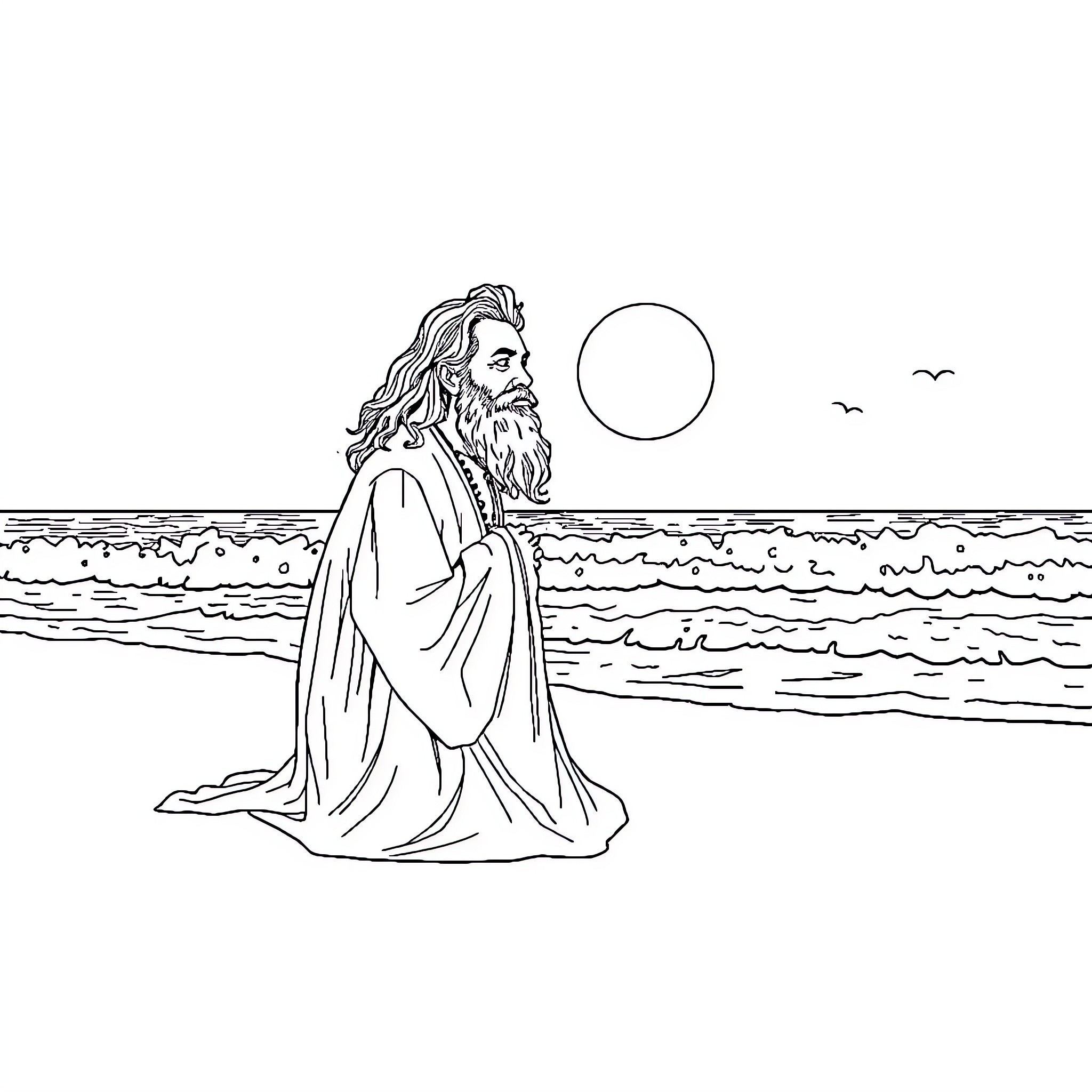 Rumi contemplating in serene coastal setting Coloring Page (free black-and-white line drawing printable PDF for all, from beginners to advanced learners, including children, teens, adults, and seniors)