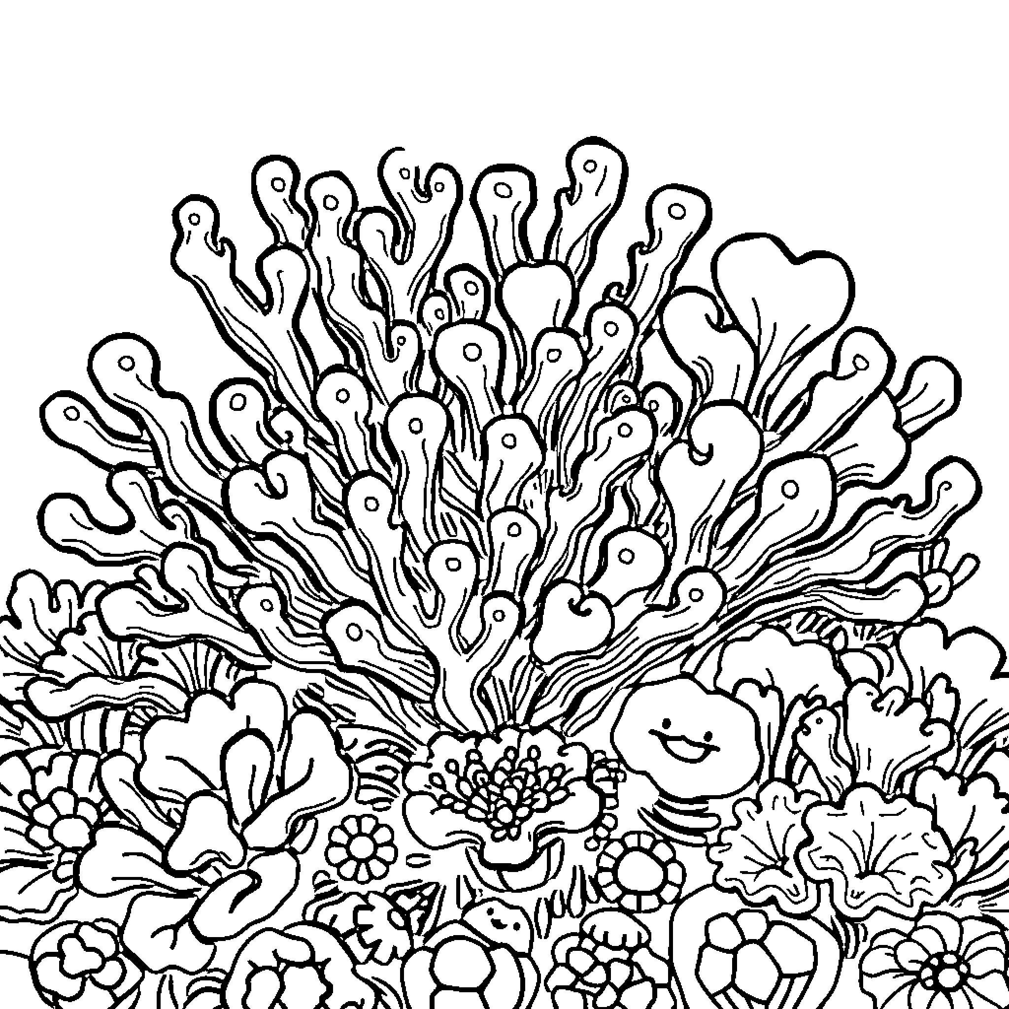 Coral garden with whimsical flora Coloring Page (free black-and-white line drawing printable PDF for all, from beginners to advanced learners, including children, teens, adults, and seniors)