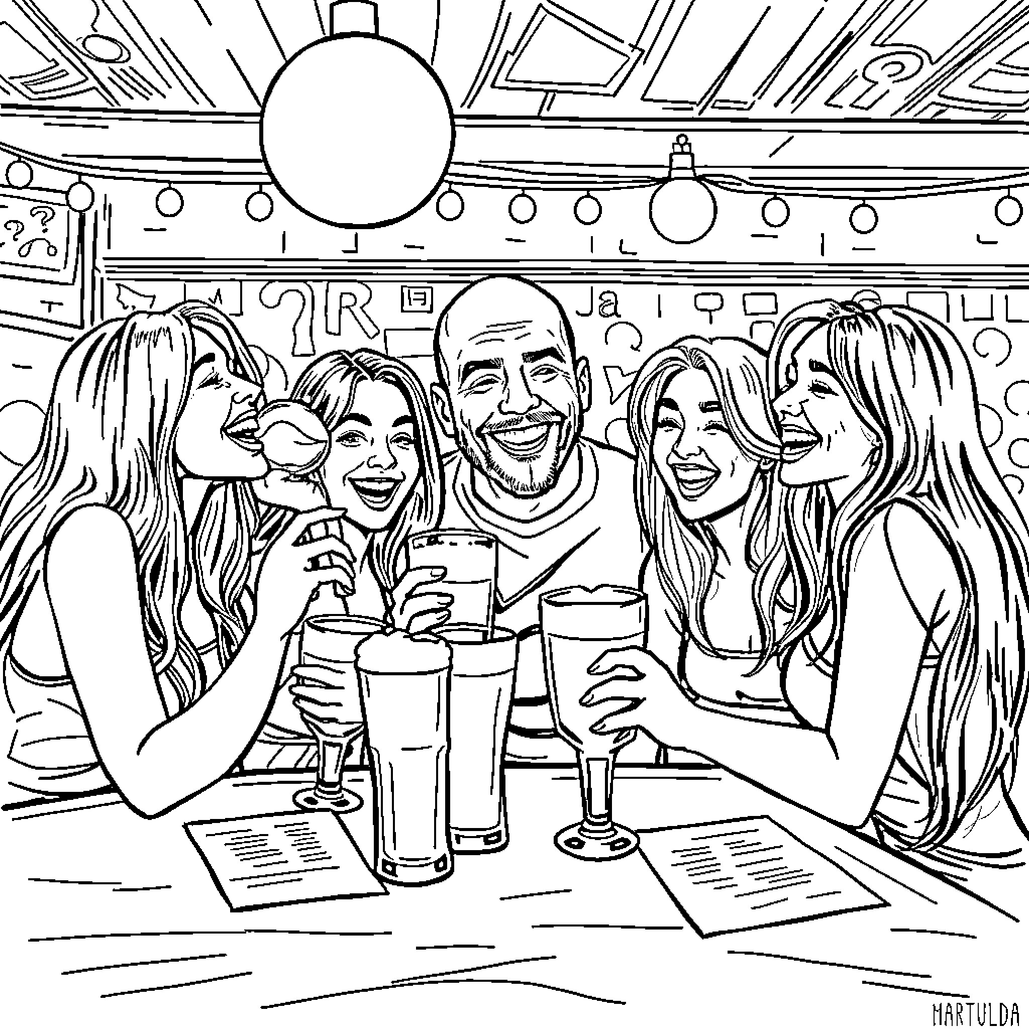 Trivia Team Enjoying Fun Night Out Coloring Page (free black-and-white line drawing printable PDF for all, from beginners to advanced learners, including children, teens, adults, and seniors)