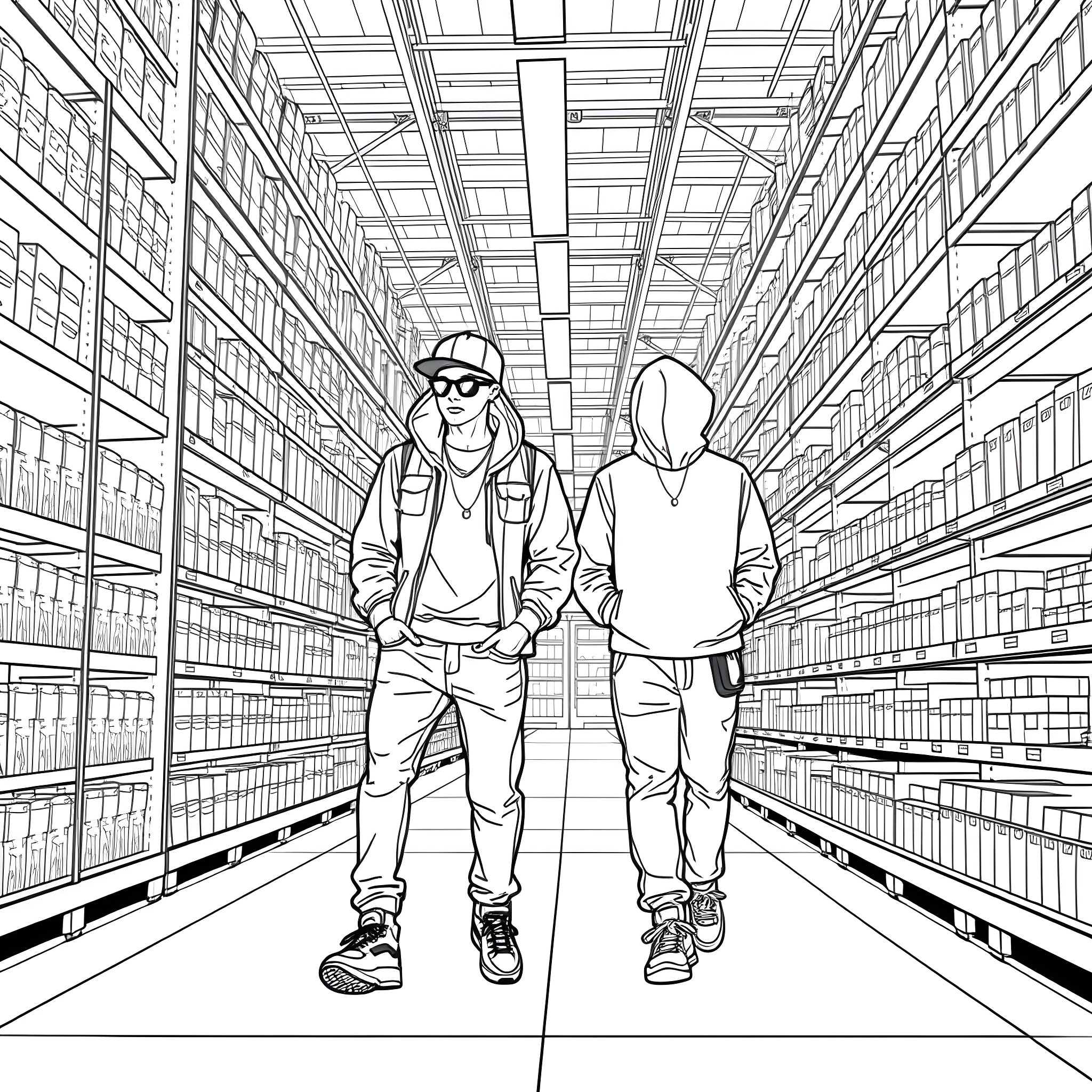 Teen Guys Exploring Shelves in Library Coloring Page (free black-and-white line drawing printable PDF for all, from beginners to advanced learners, including children, teens, adults, and seniors)