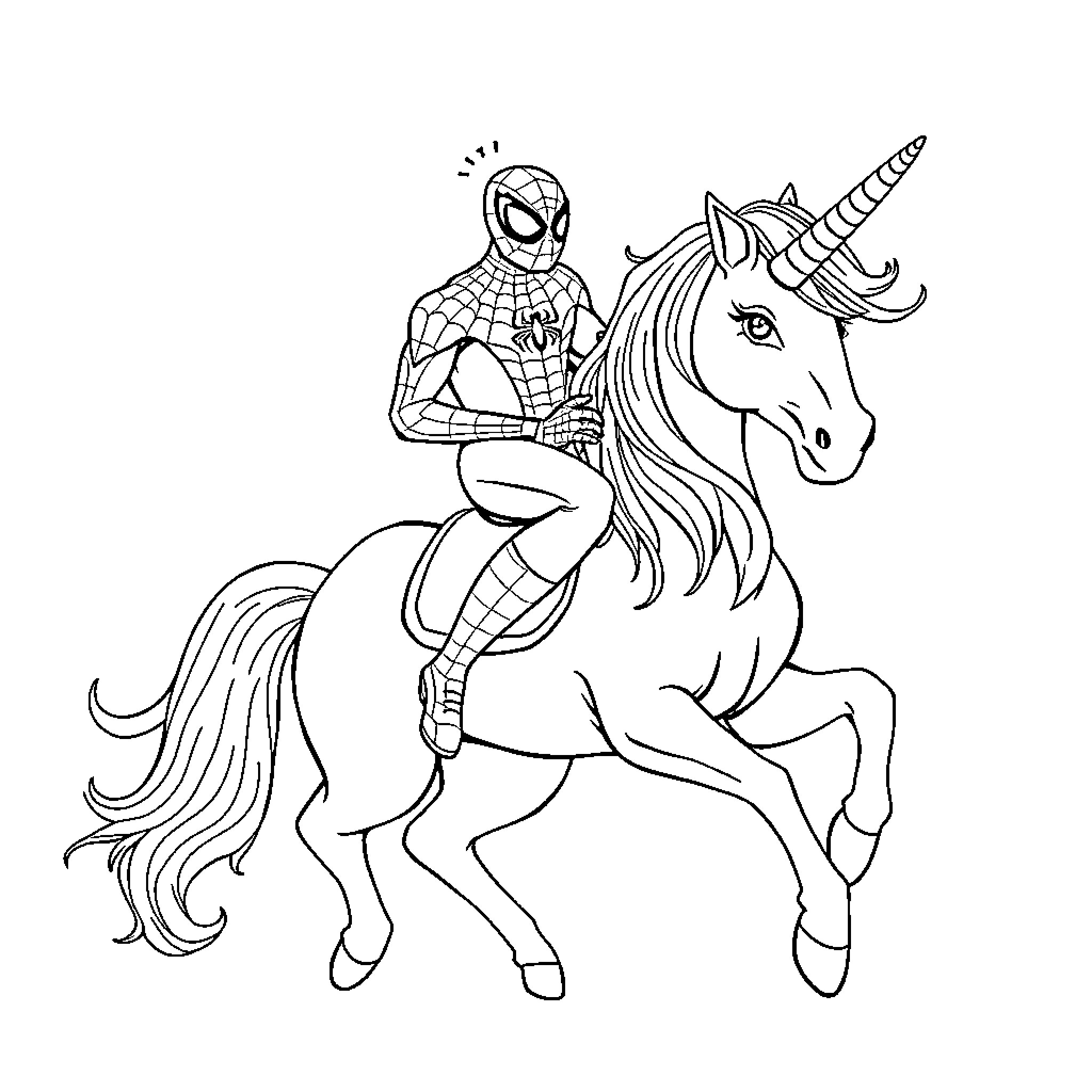 Spiderman riding a magical unicorn Coloring Page (free black-and-white line drawing printable PDF for all, from beginners to advanced learners, including children, teens, adults, and seniors)