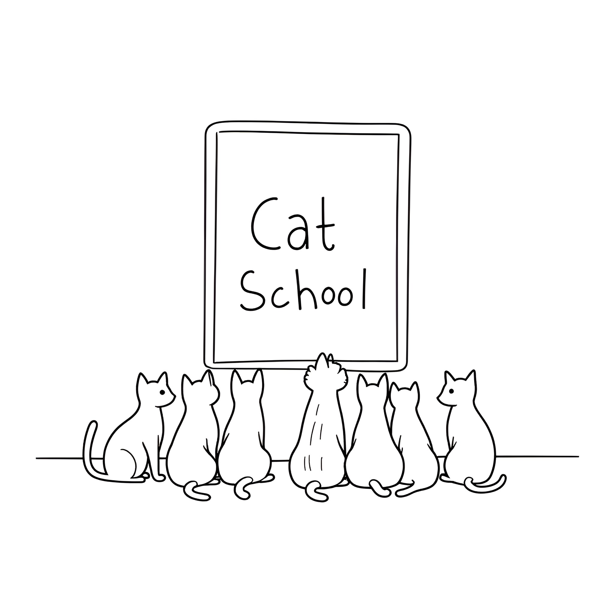Cats attending Cat School Coloring Page (free black-and-white line drawing printable PDF for all, from beginners to advanced learners, including children, teens, adults, and seniors)