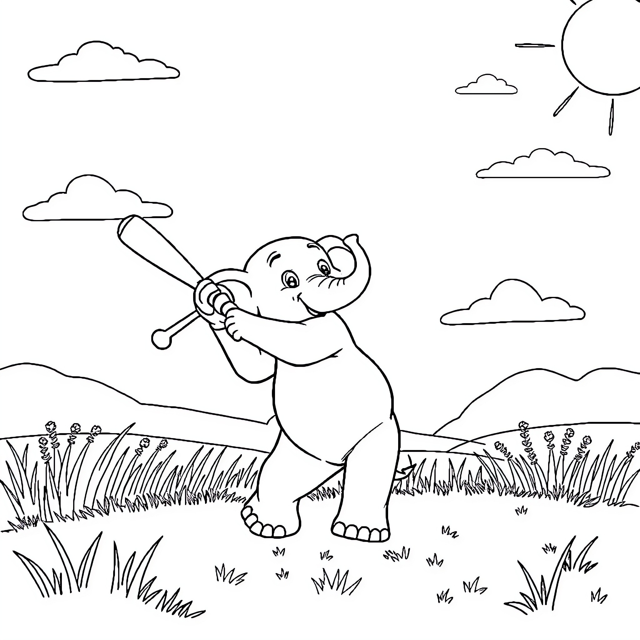 Elephant enjoying the outdoors with a baseball bat Coloring Page (free black-and-white line drawing printable PDF for all, from beginners to advanced learners, including children, teens, adults, and seniors)