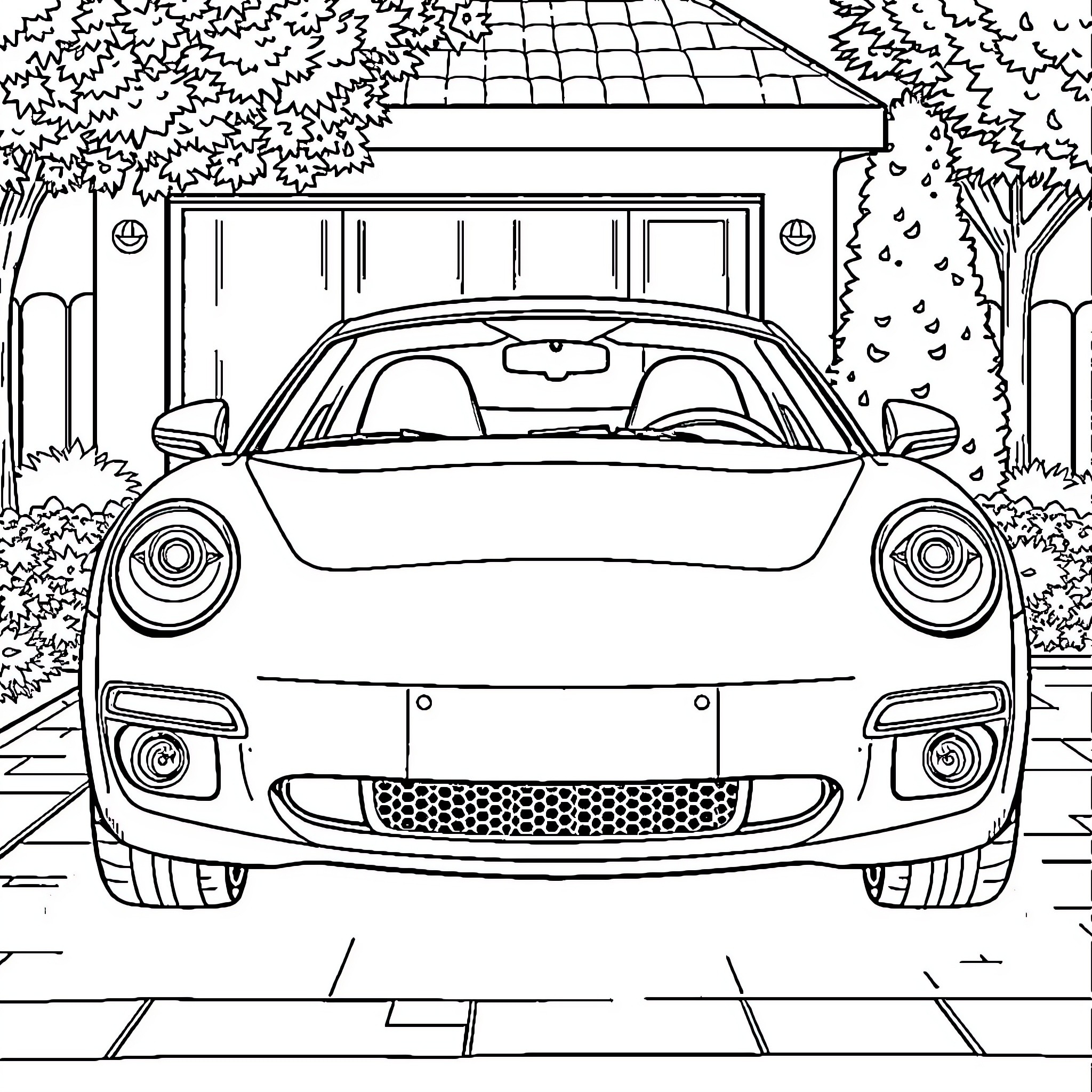 Gabi's Sleek Sports Car in the Driveway Coloring Page (free black-and-white line drawing printable PDF for all, from beginners to advanced learners, including children, teens, adults, and seniors)